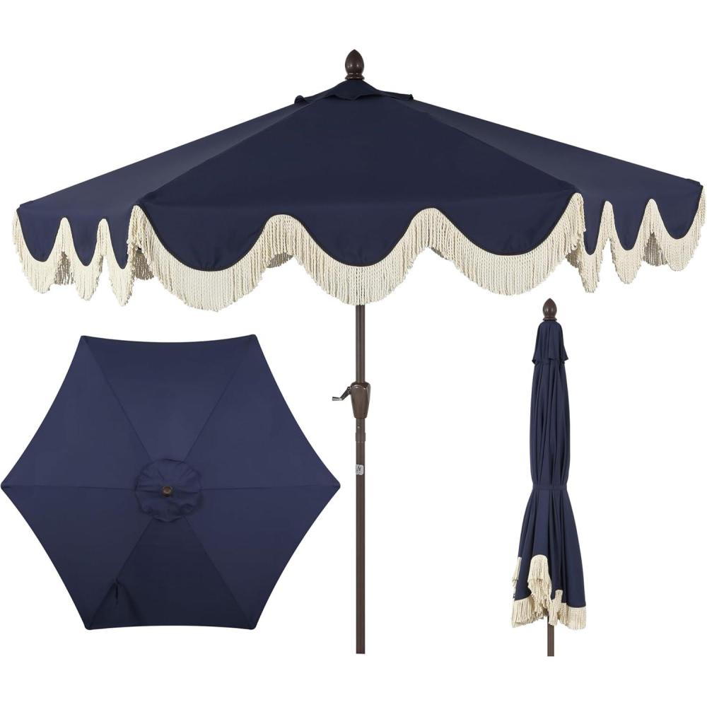 imageJONATHAN Y UMB1001 Collins 9 ft Classic Cottage Tassel Market Patio Umbrella with AutoTilt Crank Wind Vent and UV ProtectionNavyCream