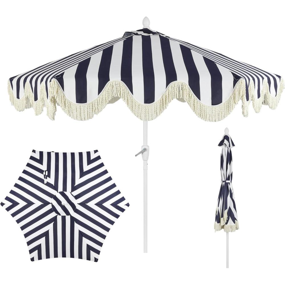 imageJONATHAN Y UMB1001 Collins 9 ft Classic Cottage Tassel Market Patio Umbrella with AutoTilt Crank Wind Vent and UV ProtectionNavyWhiteCream