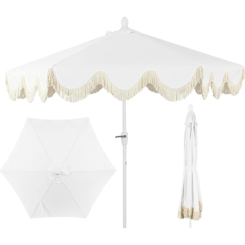 imageJONATHAN Y UMB1001 Collins 9 ft Classic Cottage Tassel Market Patio Umbrella with AutoTilt Crank Wind Vent and UV ProtectionWhite