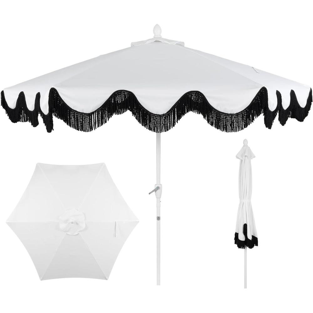 imageJONATHAN Y UMB1001 Collins 9 ft Classic Cottage Tassel Market Patio Umbrella with AutoTilt Crank Wind Vent and UV ProtectionWhiteBlack