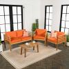 JONATHAN Y LVG1200B-4SET Thom 4-Piece Mid-Century Modern Acacia Wood Outdoor Patio Set with Cushions and Plaid Decorative Pillows Classic, Industrial, Scandinavian, Bohemian, Beige/Teak Brown(Orange/Teak Brown)