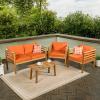 JONATHAN Y LVG1200B-4SET Thom 4-Piece Mid-Century Modern Acacia Wood Outdoor Patio Set with Cushions and Plaid Decorative Pillows Classic, Industrial, Scandinavian, Bohemian, Beige/Teak Brown(Orange/Teak Brown)