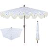 JONATHAN Y Half Umbrella UMB1201B Beverly 9 ft. Designer Classic Scalloped Fringe Market Patio with Crank, Push Button Tilt and UV Protection in Navy/White(Blue/White)