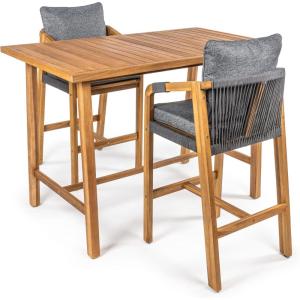 JONATHAN Y DNG2000A-3SET Porto Modern Coastal 3-Piece Acacia Wood Outdoor Bar Set with Cushions Contemporary, Transitional, Rustic, Bohemian, Cottage, Beige/Light Teak(Gray/Teak Brown)