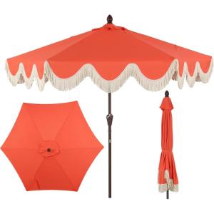 JONATHAN Y UMB1001 Collins 9 ft. Classic Cottage Tassel Market Patio Umbrella with Auto-Tilt, Crank, Wind Vent and UV Protection(Coral Red/Cream)