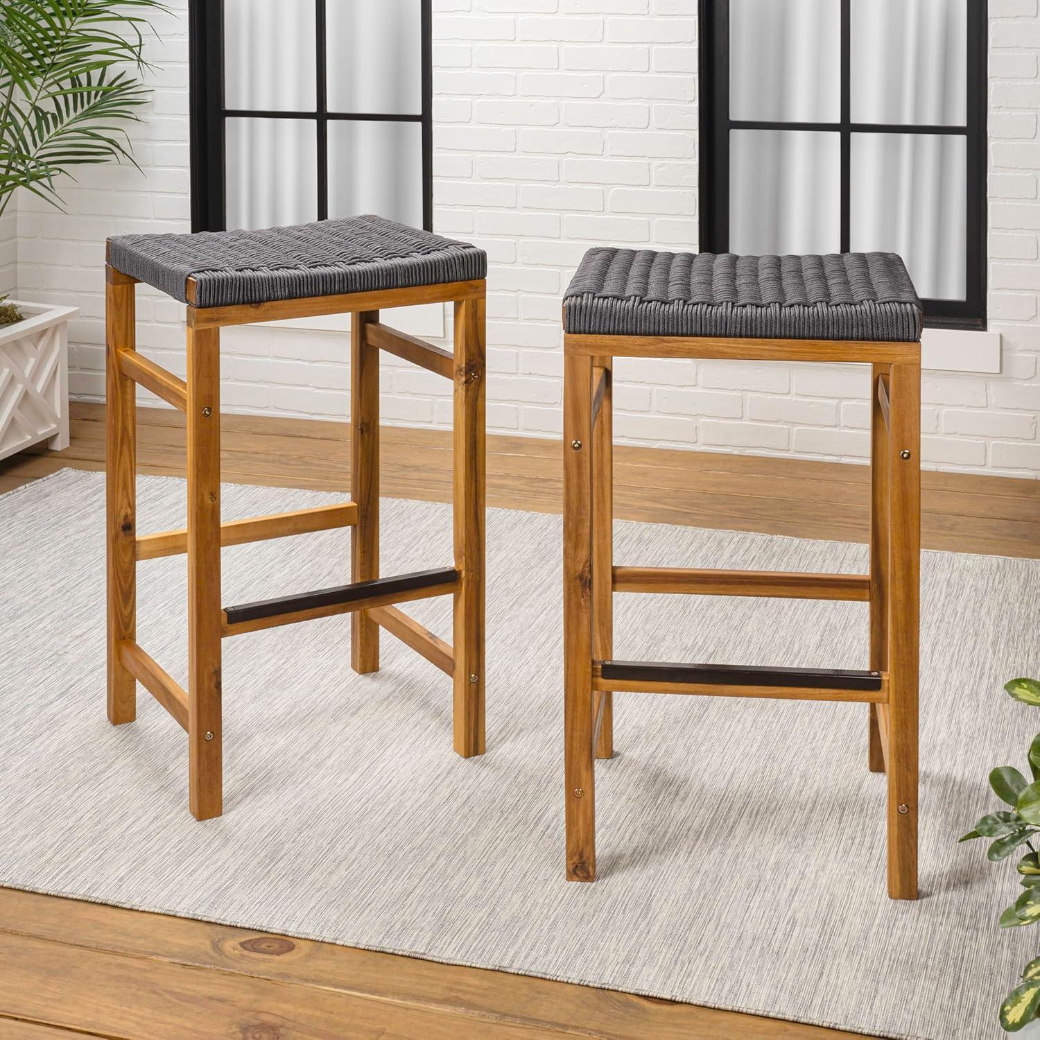 imageJONATHAN Y BSL1201ASET2 Armand 30quot Modern Coastal Backless Acacia Wood Outdoor Bar Stool with Woven Rope Seat for Pool Deck Poolside Light TeakIvory Set of 2Grey