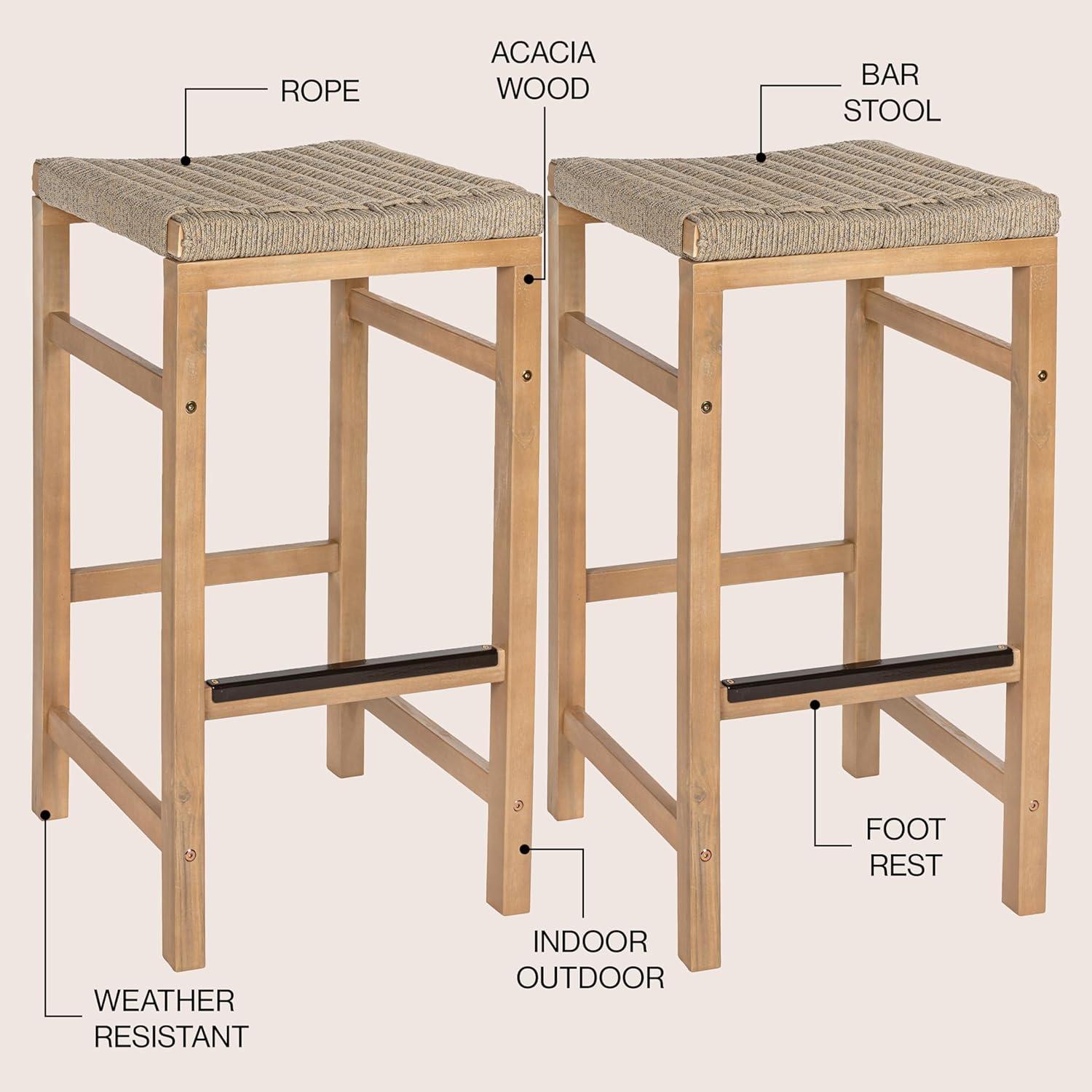 imageJONATHAN Y BSL1201ASET2 Armand 30quot Modern Coastal Backless Acacia Wood Outdoor Bar Stool with Woven Rope Seat for Pool Deck Poolside Light TeakIvory Set of 2Ivory