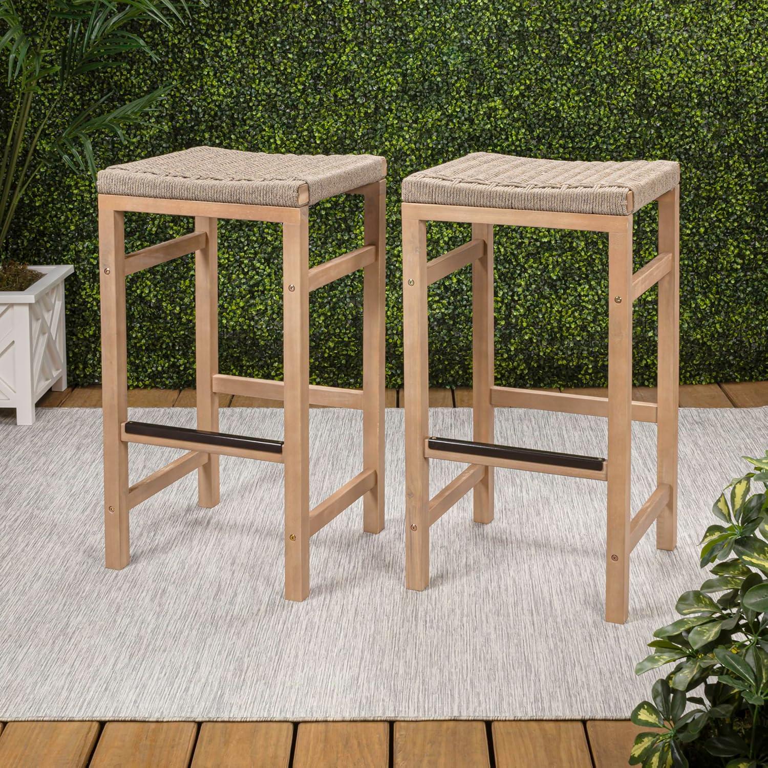 imageJONATHAN Y BSL1201ASET2 Armand 30quot Modern Coastal Backless Acacia Wood Outdoor Bar Stool with Woven Rope Seat for Pool Deck Poolside Light TeakIvory Set of 2Ivory