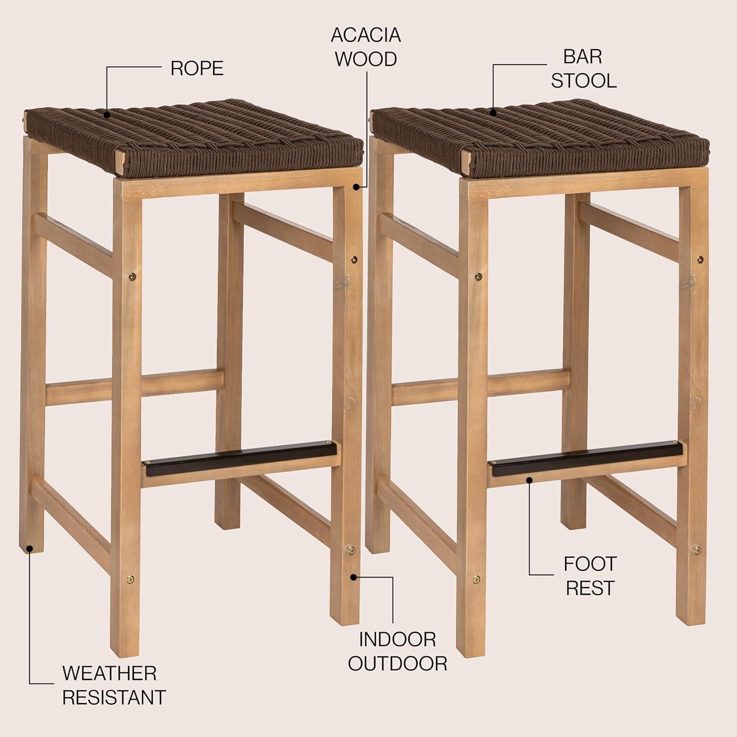 imageJONATHAN Y BSL1201ASET2 Armand 30quot Modern Coastal Backless Acacia Wood Outdoor Bar Stool with Woven Rope Seat for Pool Deck Poolside Light TeakIvory Set of 2Brown