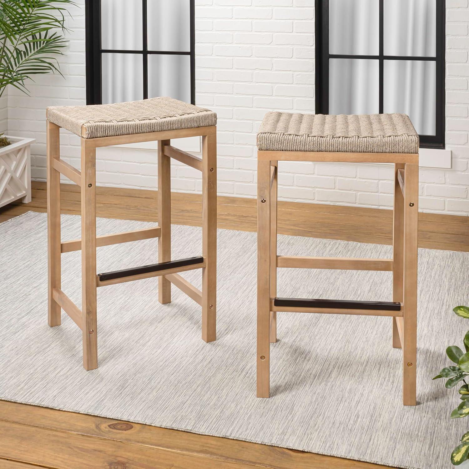 imageJONATHAN Y BSL1201ASET2 Armand 30quot Modern Coastal Backless Acacia Wood Outdoor Bar Stool with Woven Rope Seat for Pool Deck Poolside Light TeakIvory Set of 2Ivory