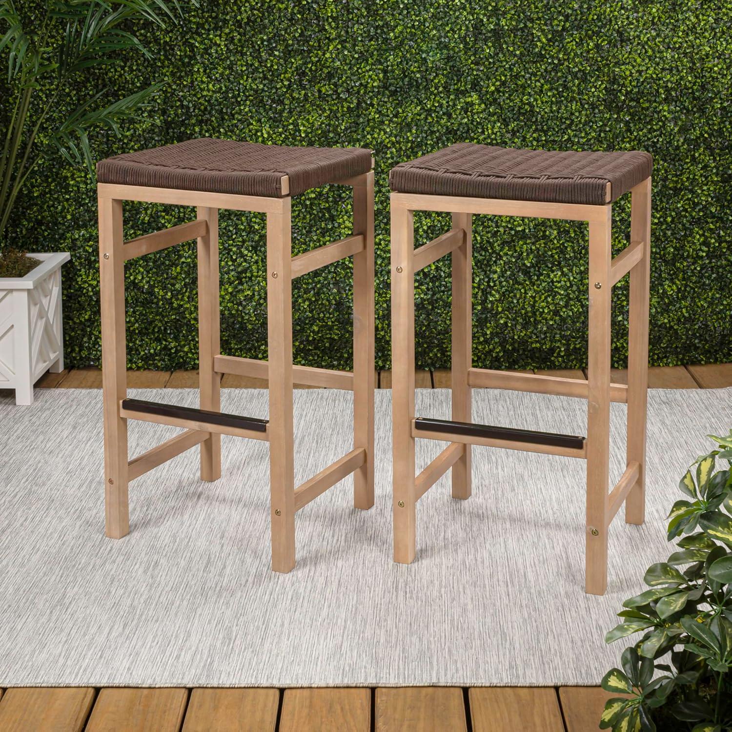 imageJONATHAN Y BSL1201ASET2 Armand 30quot Modern Coastal Backless Acacia Wood Outdoor Bar Stool with Woven Rope Seat for Pool Deck Poolside Light TeakIvory Set of 2Brown