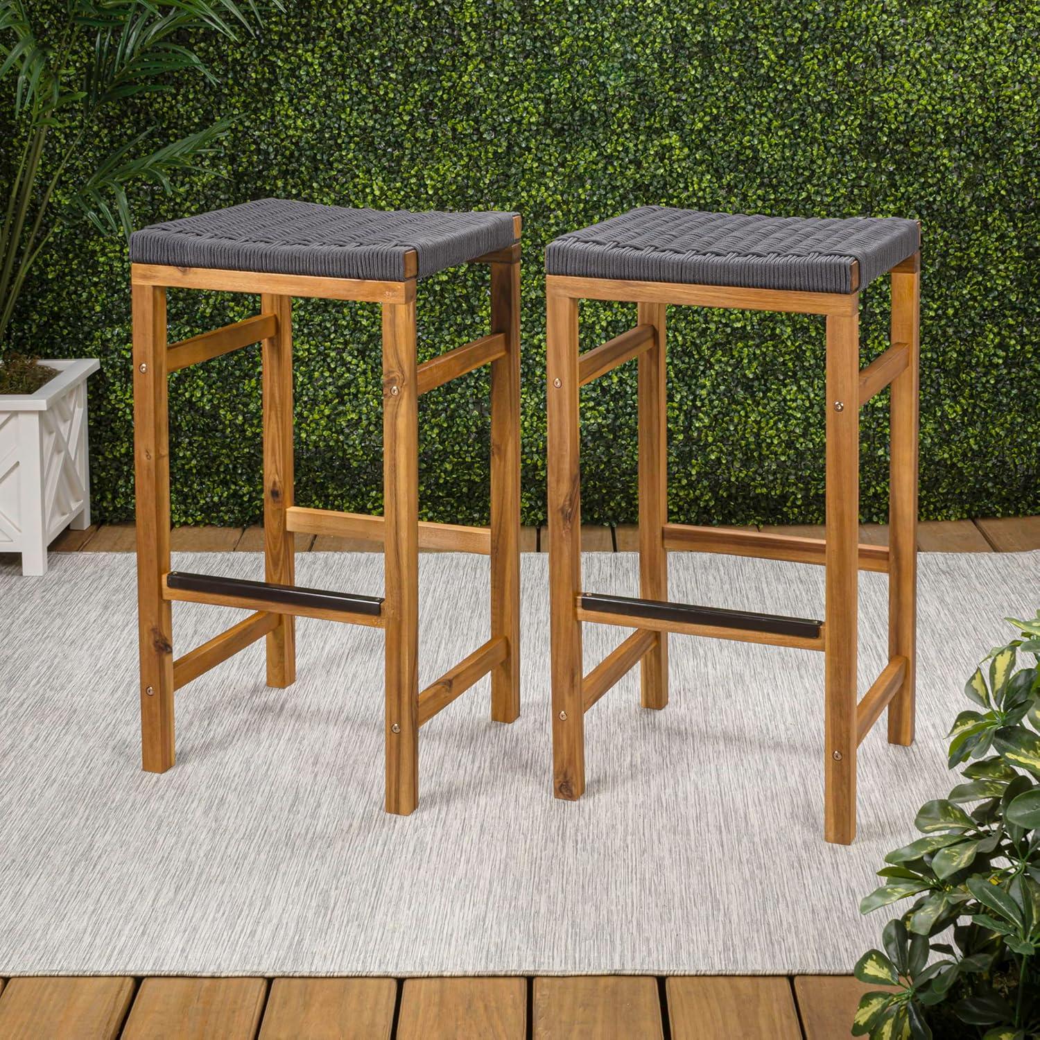 imageJONATHAN Y BSL1201ASET2 Armand 30quot Modern Coastal Backless Acacia Wood Outdoor Bar Stool with Woven Rope Seat for Pool Deck Poolside Light TeakIvory Set of 2Grey