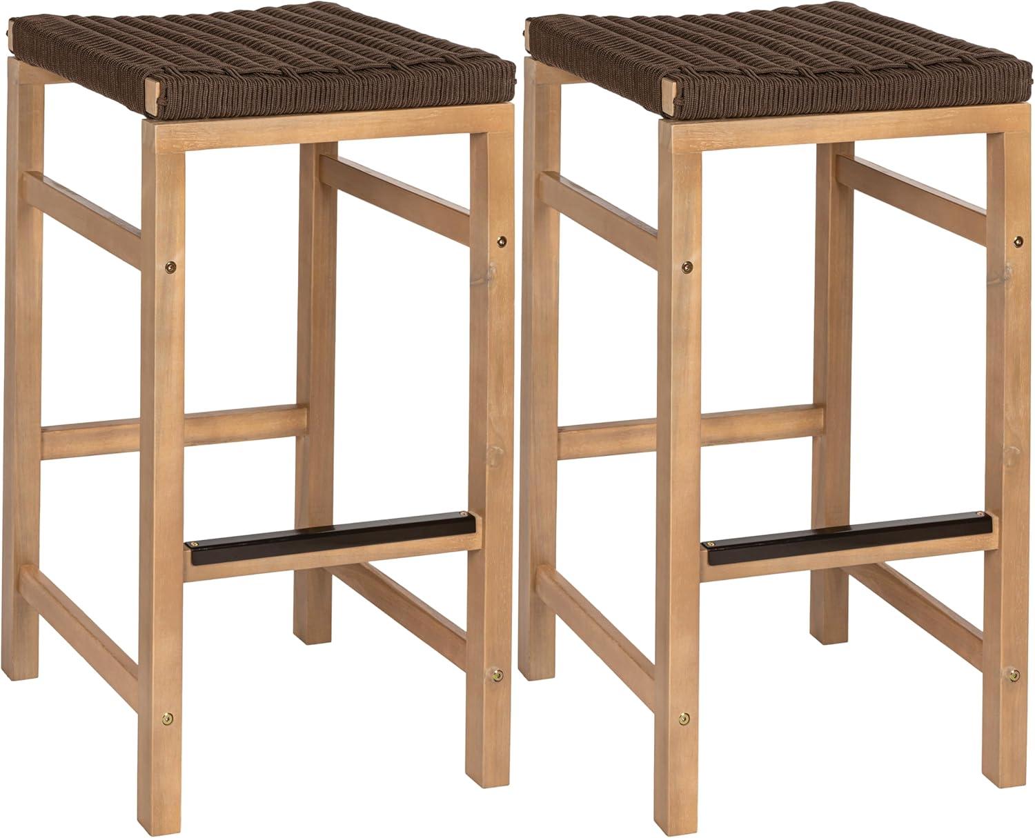 imageJONATHAN Y BSL1201ASET2 Armand 30quot Modern Coastal Backless Acacia Wood Outdoor Bar Stool with Woven Rope Seat for Pool Deck Poolside Light TeakIvory Set of 2Brown