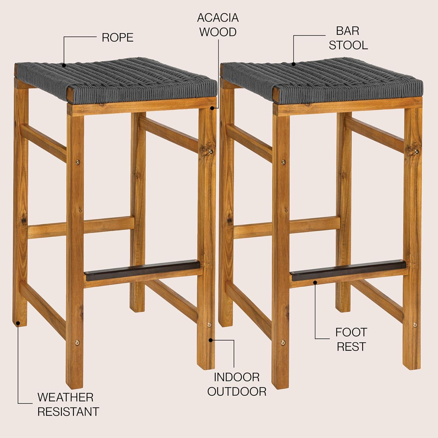 imageJONATHAN Y BSL1201ASET2 Armand 30quot Modern Coastal Backless Acacia Wood Outdoor Bar Stool with Woven Rope Seat for Pool Deck Poolside Light TeakIvory Set of 2Grey