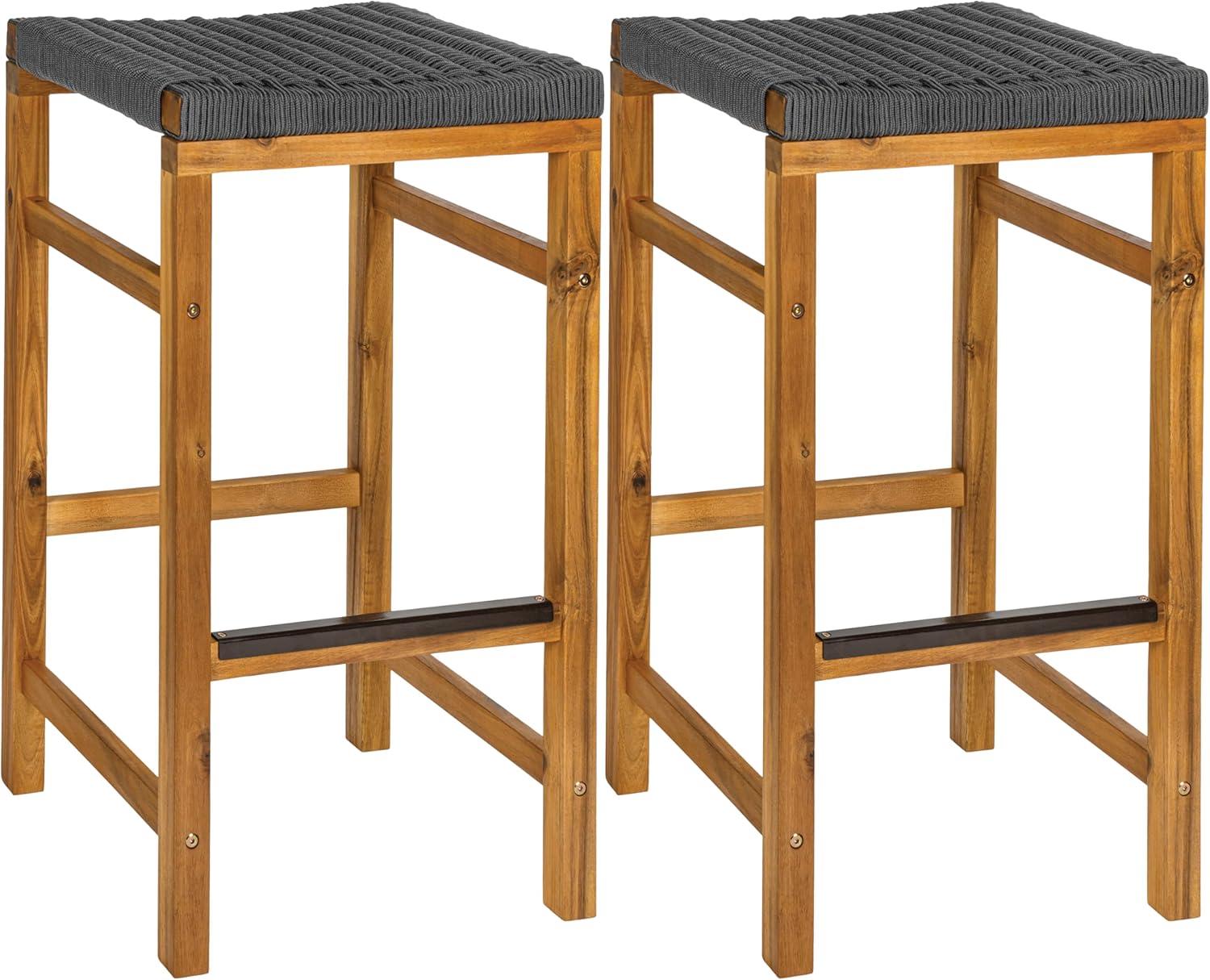 imageJONATHAN Y BSL1201ASET2 Armand 30quot Modern Coastal Backless Acacia Wood Outdoor Bar Stool with Woven Rope Seat for Pool Deck Poolside Light TeakIvory Set of 2Grey