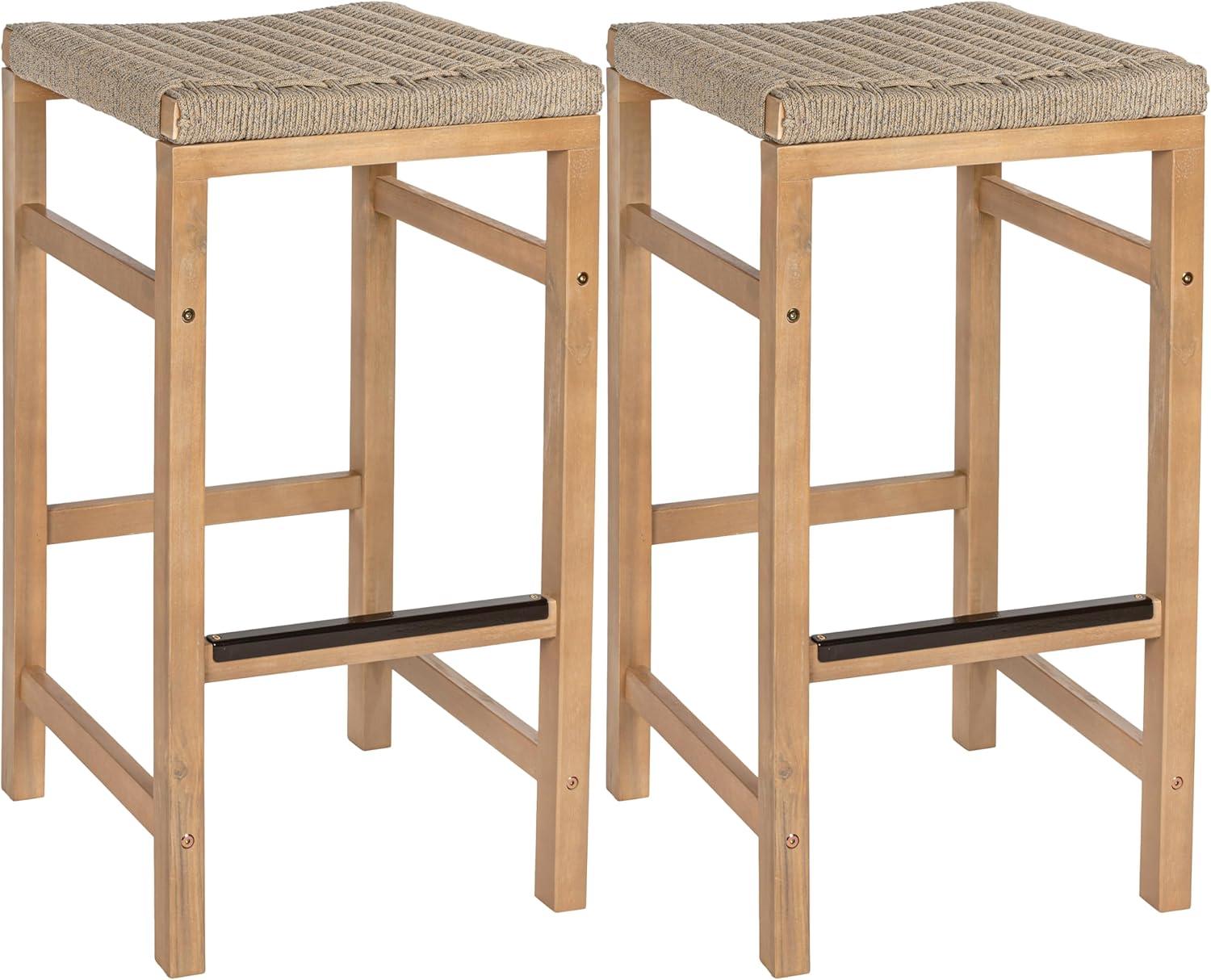 imageJONATHAN Y BSL1201ASET2 Armand 30quot Modern Coastal Backless Acacia Wood Outdoor Bar Stool with Woven Rope Seat for Pool Deck Poolside Light TeakIvory Set of 2Ivory