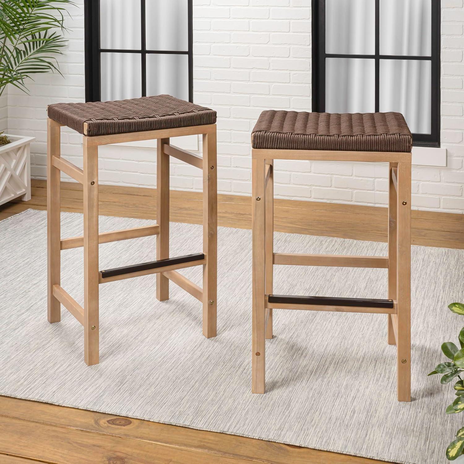 imageJONATHAN Y BSL1201ASET2 Armand 30quot Modern Coastal Backless Acacia Wood Outdoor Bar Stool with Woven Rope Seat for Pool Deck Poolside Light TeakIvory Set of 2Brown