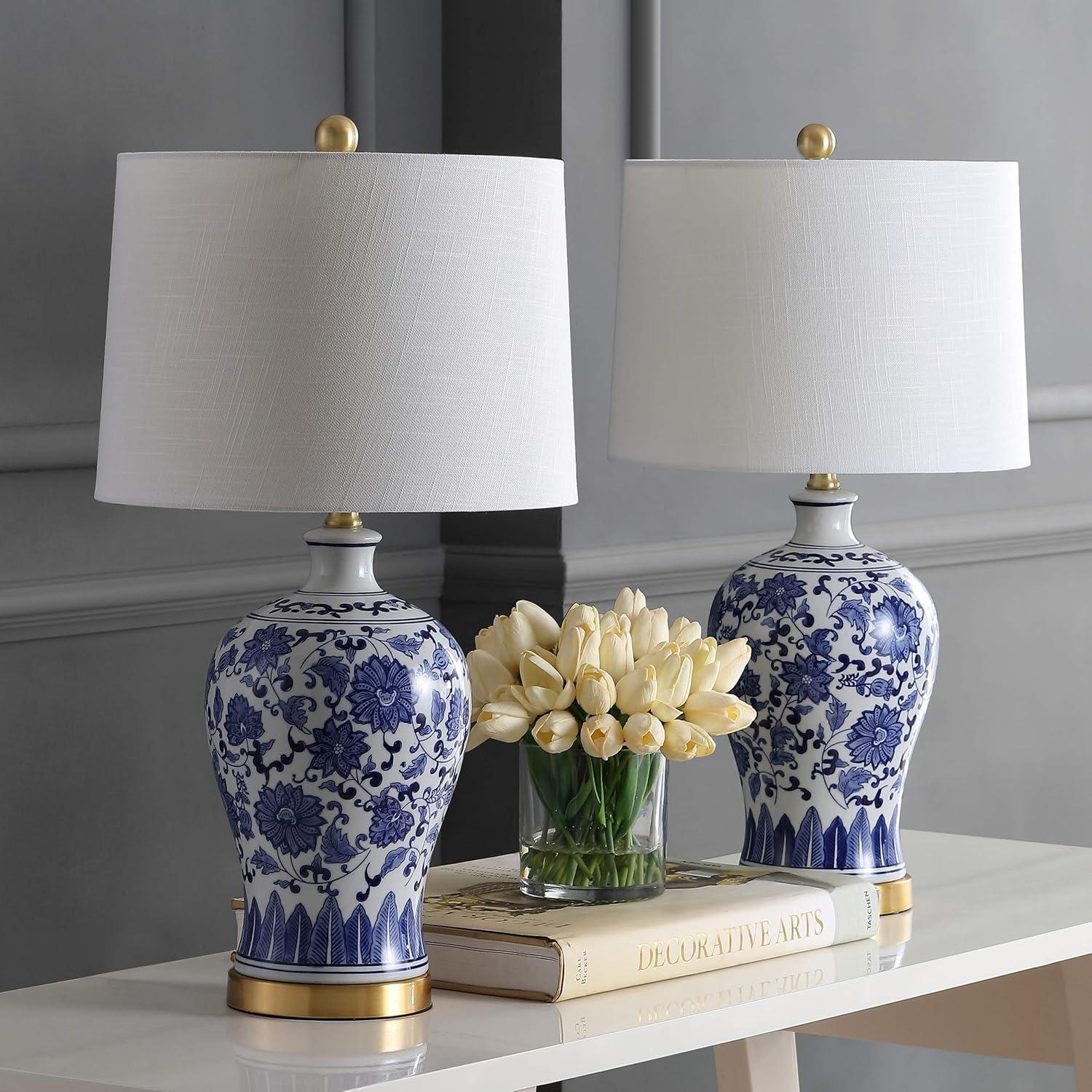 imageJONATHAN Y JYL1073ASET2 Set of 2 Table Lamps Jennifer 2575quot CeramicMetal LED Table Lamp Cottage Bedside Desk Nightstand Lamp for Bedroom Living Room Office College Bookcase BlueWhite