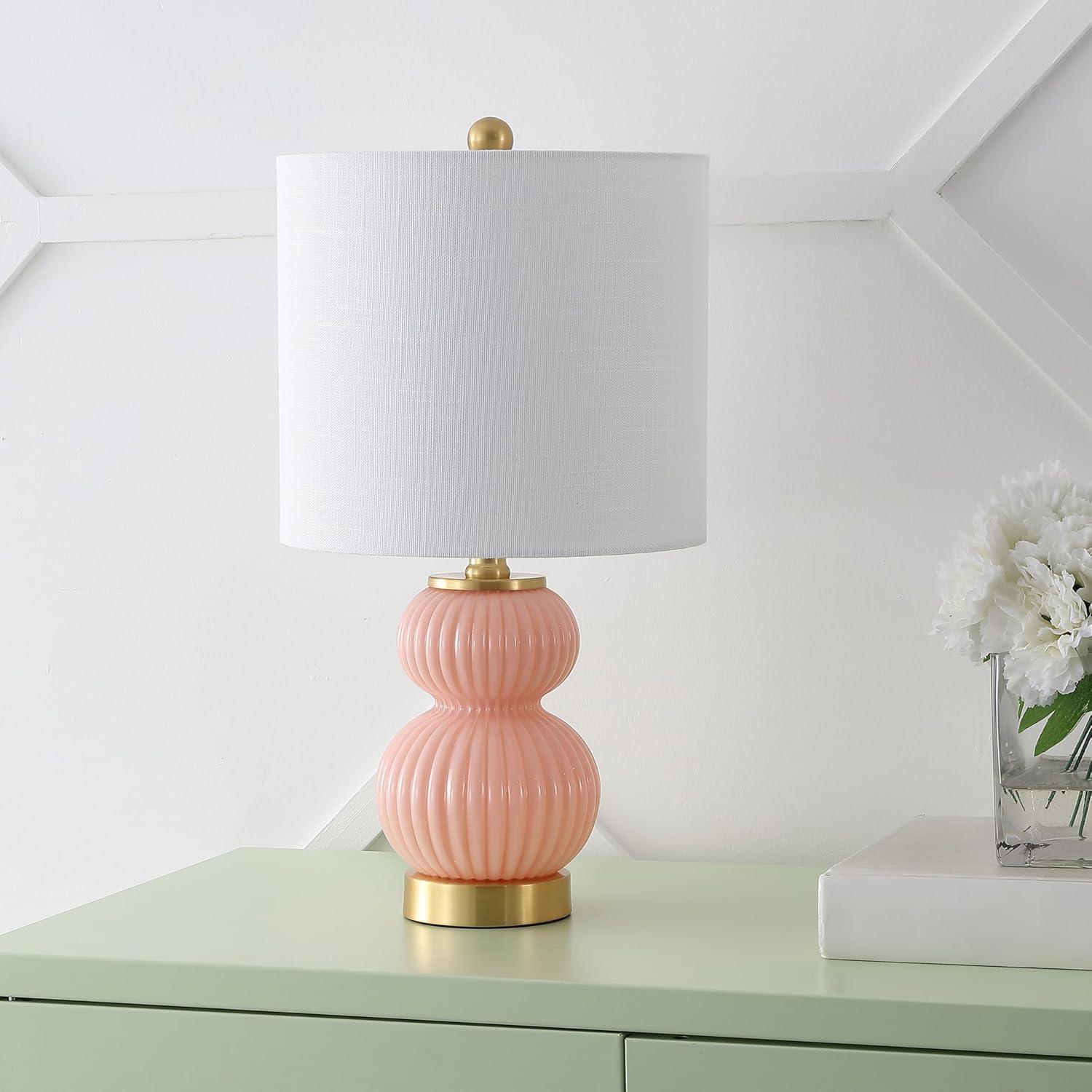 imageJONATHAN Y JYL1099A Daphne 20quot Ribbed MetalGlass LED Table Lamp Contemporary Transitional Bedside Desk Nightstand Lamp for Bedroom Living Room Office College Bookcase WhiteBrass GoldPink