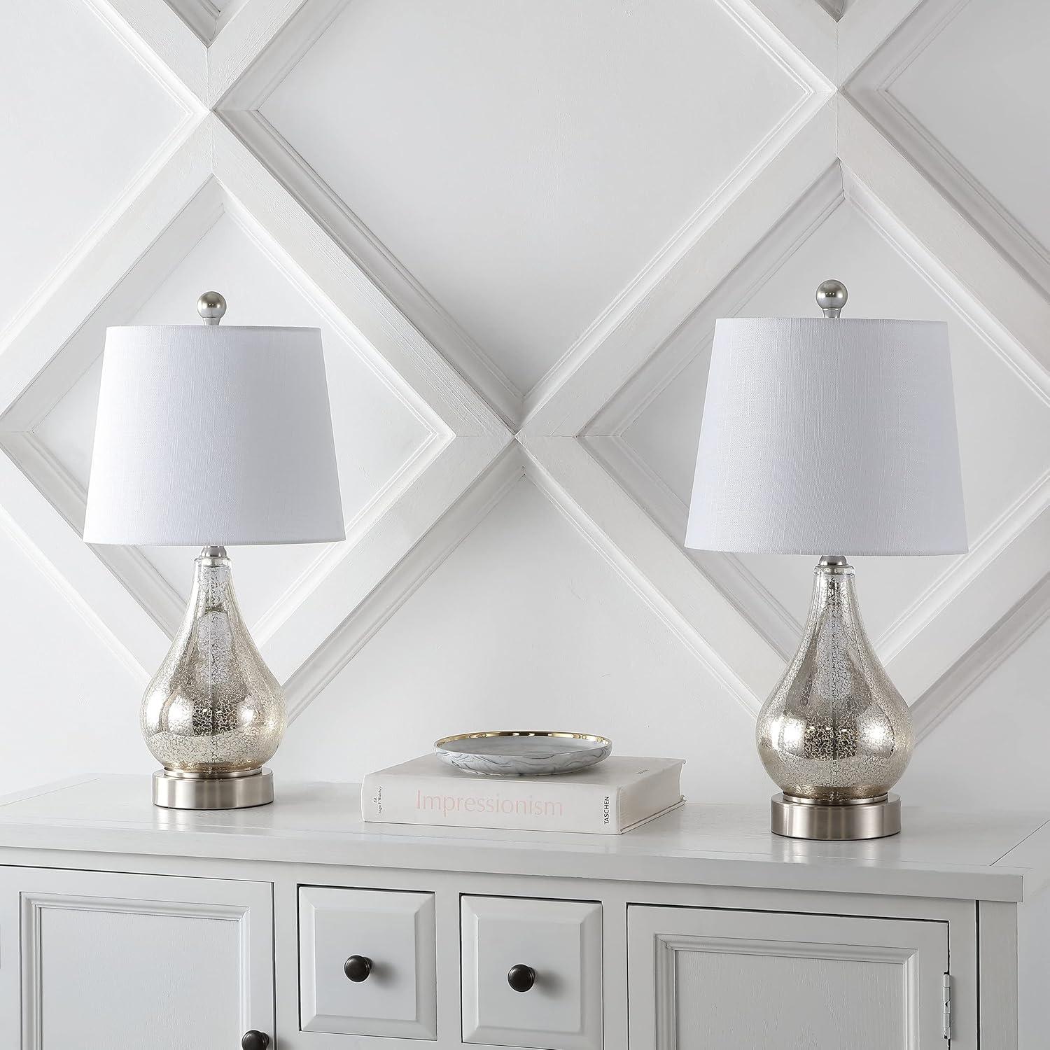 imageJONATHAN Y JYL1109ASET2 Dino 21 Farmhouse Industrial IronGlass LED Table Lamp with USB Charging Port Rustic Bedside Desk Nightstand Lamp for Bedroom Living Room Silver Set of 2 21 in