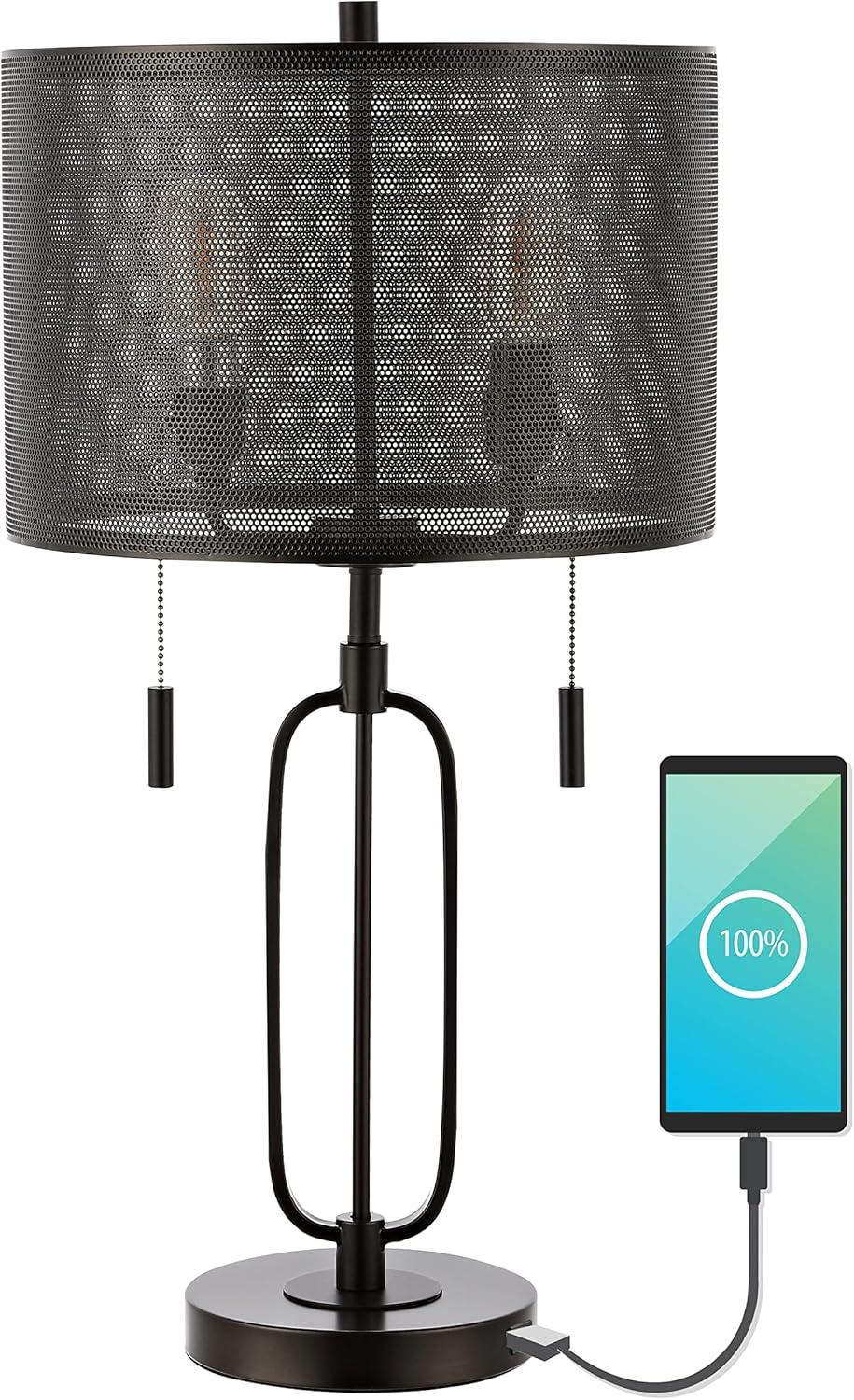 imageJONATHAN Y JYL1111A Hank 27quot 2Light Industrial Farmhouse Iron LED Table Lamp with USB Charging Port Contemporary Bedside Desk Lamp for Bedroom Living Room Office Oil Rubbed Bronze