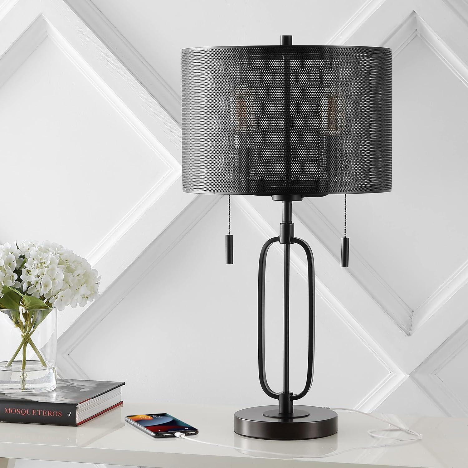 imageJONATHAN Y JYL1111A Hank 27quot 2Light Industrial Farmhouse Iron LED Table Lamp with USB Charging Port Contemporary Bedside Desk Lamp for Bedroom Living Room Office Oil Rubbed Bronze