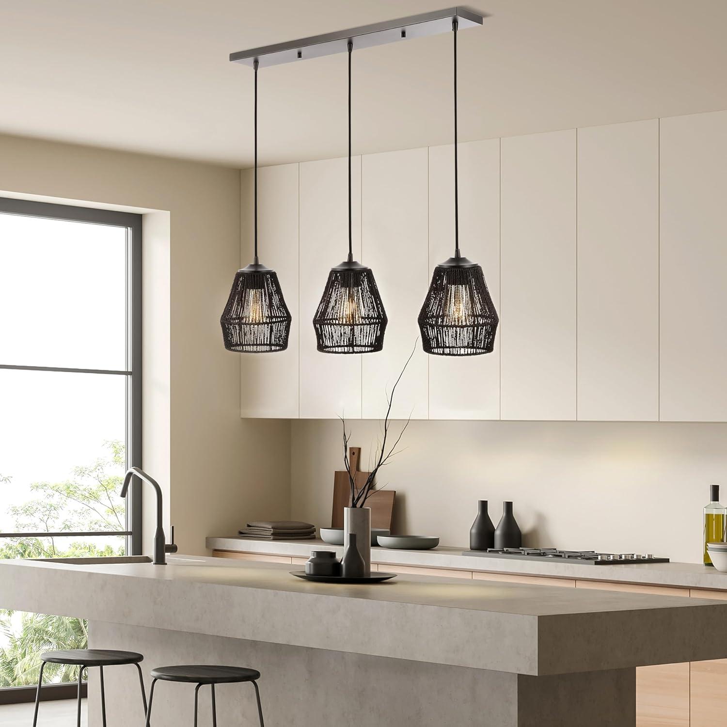 imageJONATHAN Y JYL1124A Ibiza Island 30quot 3Light SeagrassMetal Bohemian Coastal LED Pendant Farmhouse Rustic for Dining Room Kitchen Living Room Oil Rubbed BronzeBlack