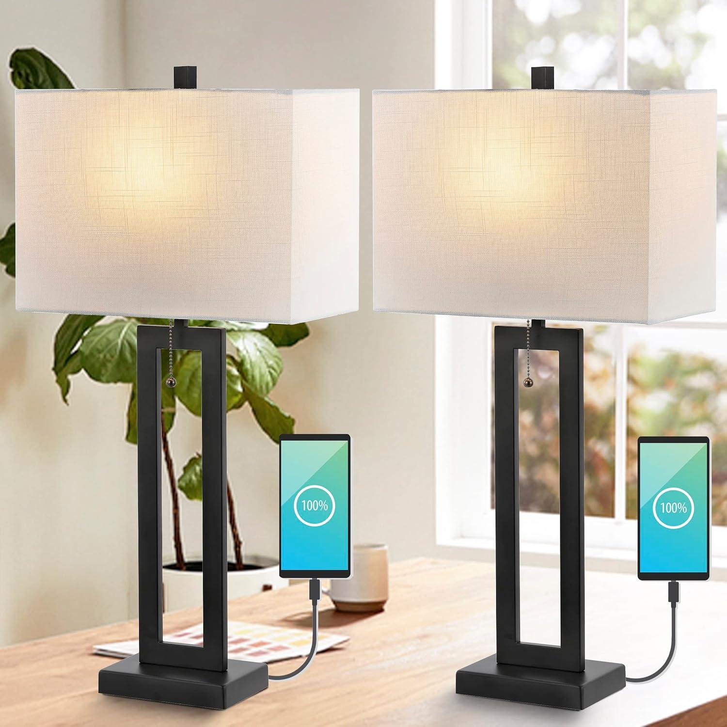 imageJONATHAN Y JYL1126BSET2 Sabrina 285quot Vintage Industrial Iron LED Table Lamp with PullChain and USB Charging Port MidCentury Minimalist Bedside Desk Nightstand Lamp Nickel Set of 2Black