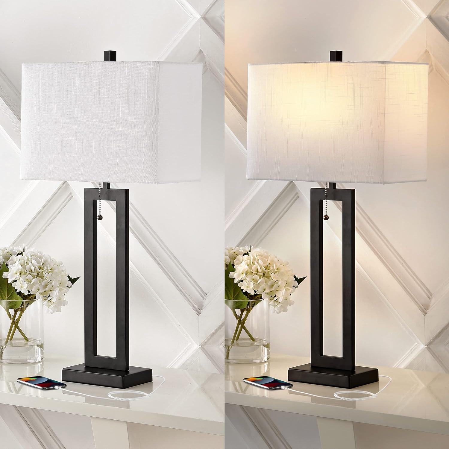 imageJONATHAN Y JYL1126BSET2 Sabrina 285quot Vintage Industrial Iron LED Table Lamp with PullChain and USB Charging Port MidCentury Minimalist Bedside Desk Nightstand Lamp Nickel Set of 2Black