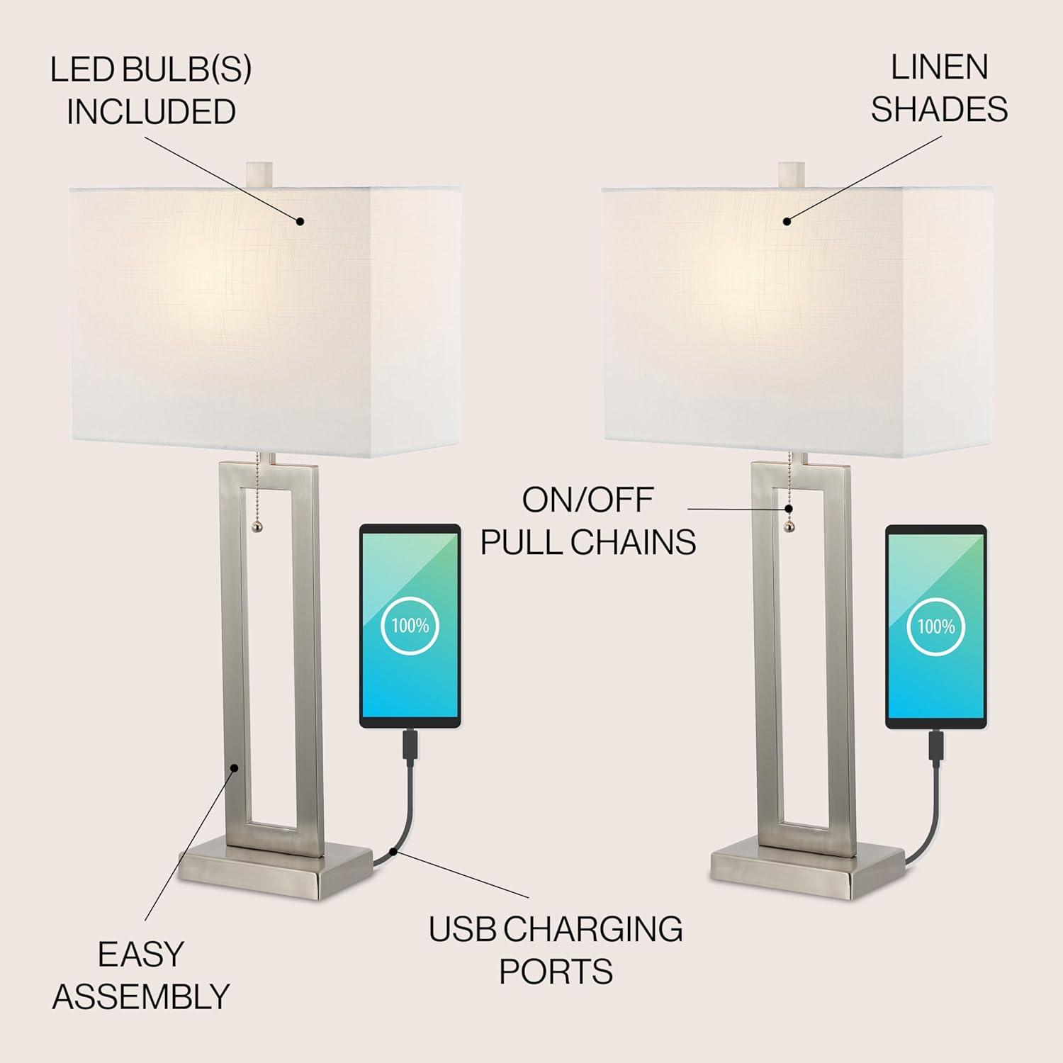 imageJONATHAN Y JYL1126BSET2 Sabrina 285quot Vintage Industrial Iron LED Table Lamp with PullChain and USB Charging Port MidCentury Minimalist Bedside Desk Nightstand Lamp Nickel Set of 2Nickel