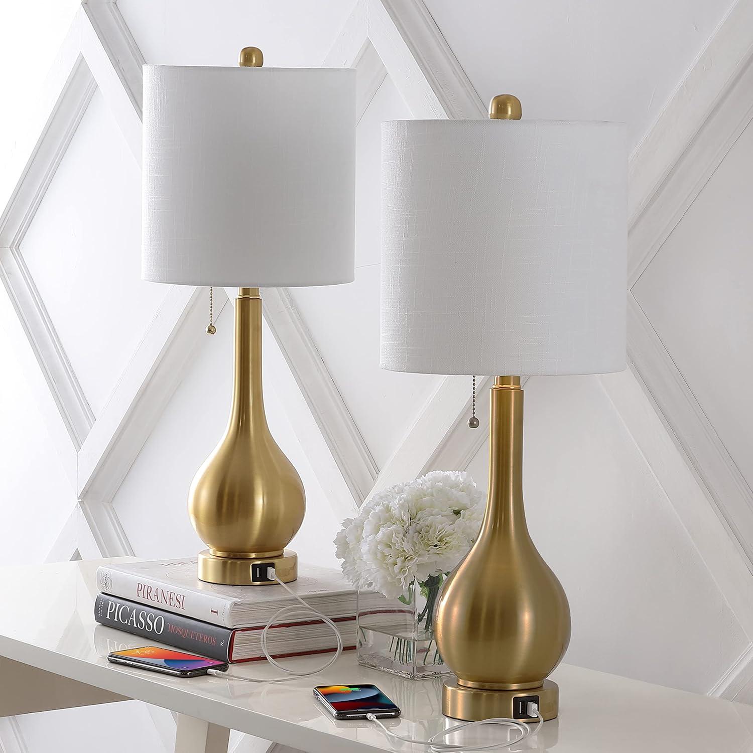 imageJONATHAN Y JYL1127BSET2 Tyler 24quot Gourd Iron LED Table Lamp PullChain Dual USB Charging Port Farmhouse Classic Modern Traditional for Bedroom Living Room Office Nickel Set of 2Brass Gold