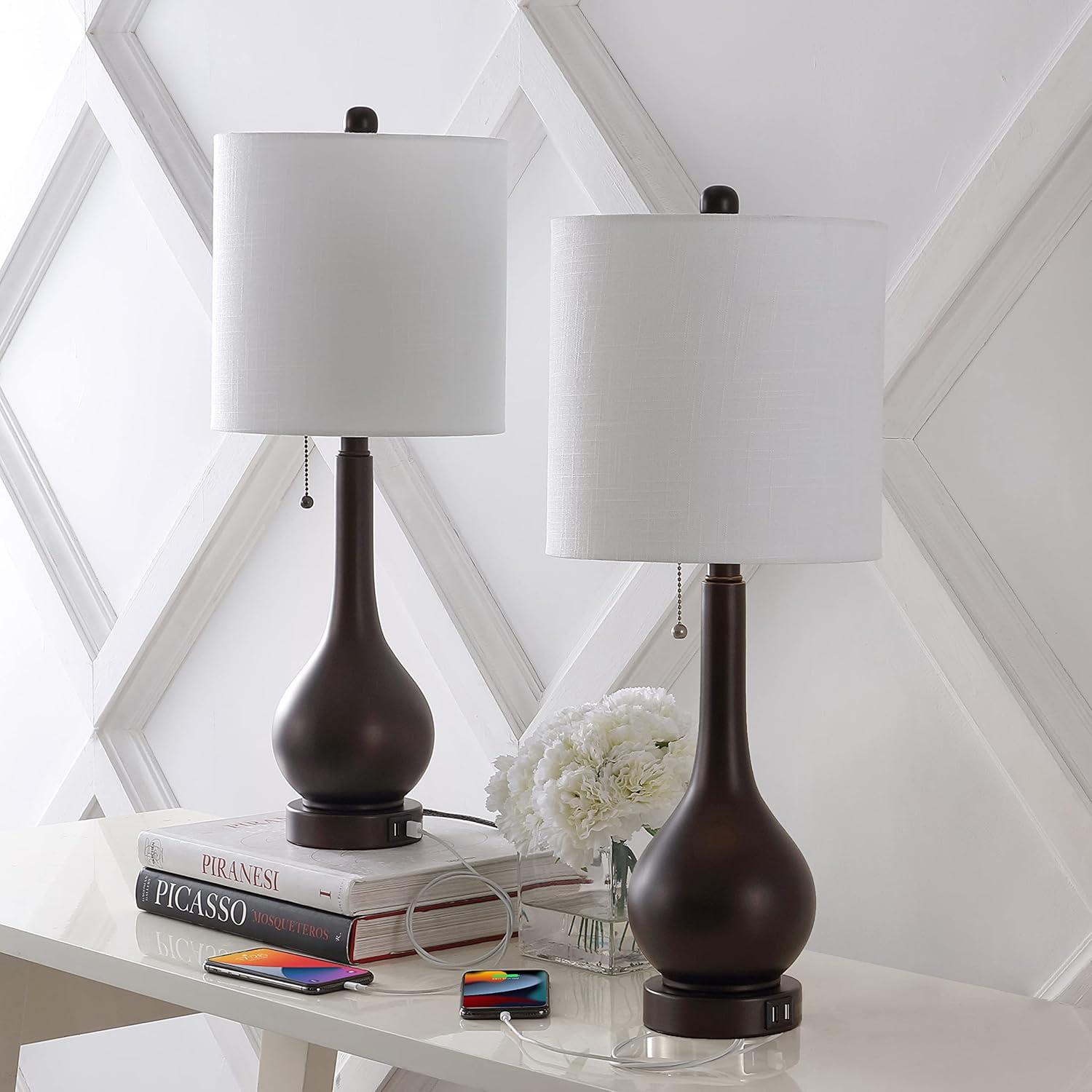 imageJONATHAN Y JYL1127BSET2 Tyler 24quot Gourd Iron LED Table Lamp PullChain Dual USB Charging Port Farmhouse Classic Modern Traditional for Bedroom Living Room Office Nickel Set of 2OilRubbed Bronze