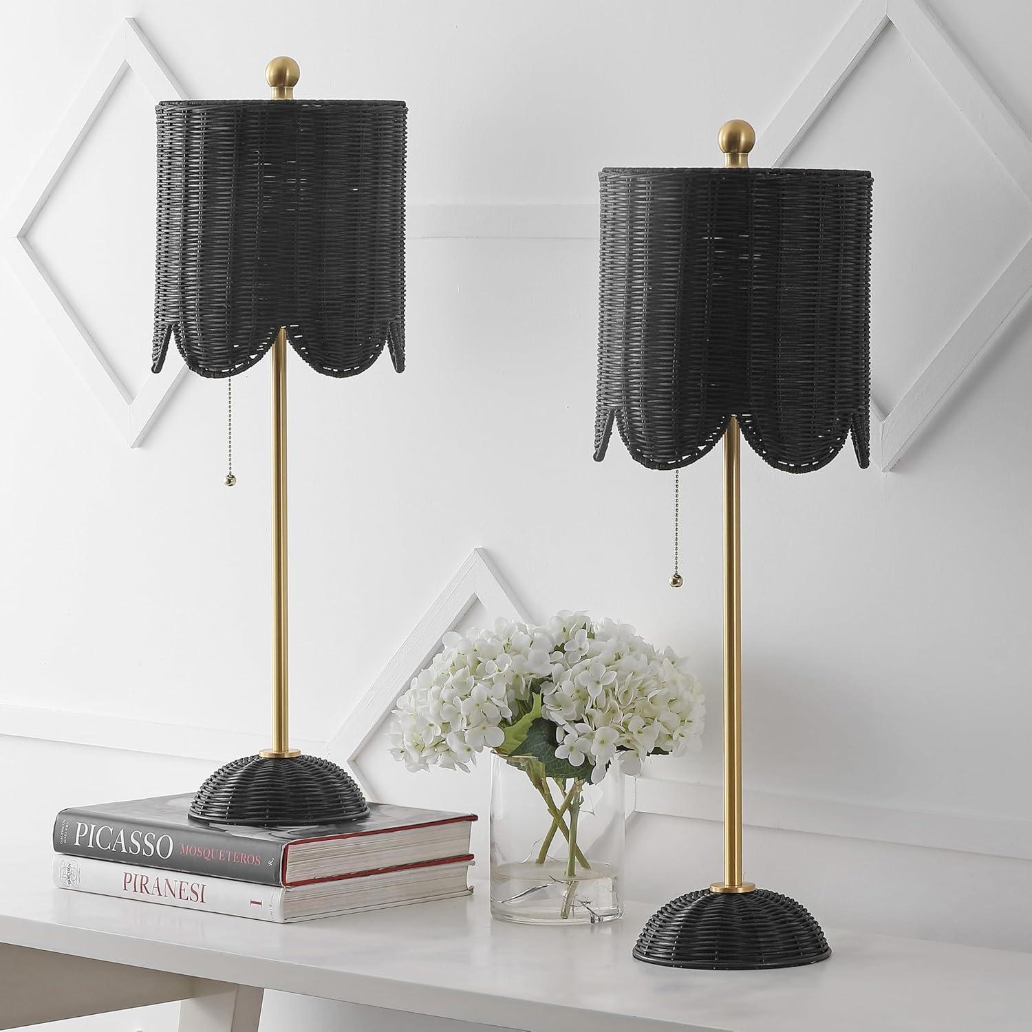 imageJONATHAN Y JYL1138BSET2 Celerie 275quot Coastal Bohemian RattanIron Scalloped Buffet LED Table Lamp with Pull Chain Bedroom Living Room Office Dining Room WhiteBrass Gold Set of 2BlackBrass Gold