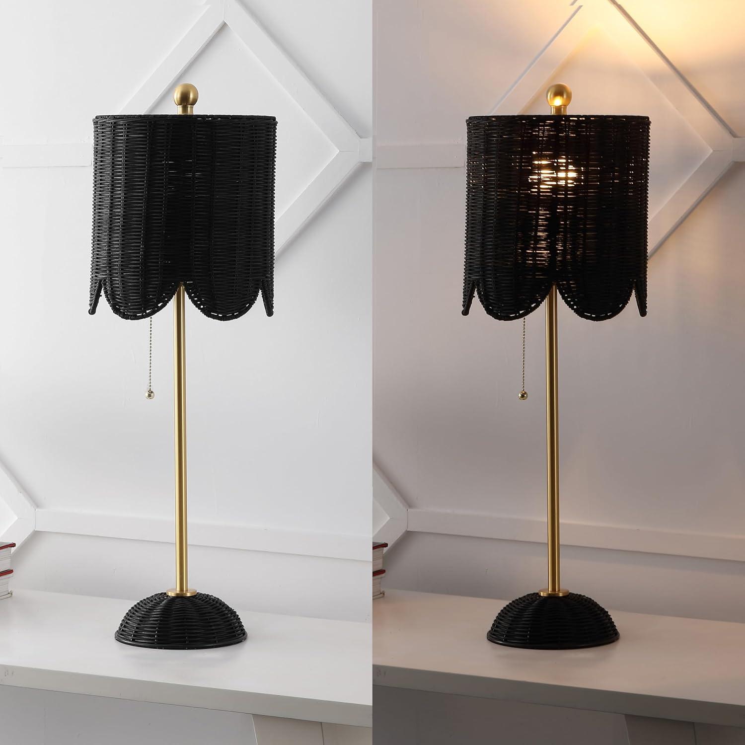 imageJONATHAN Y JYL1138BSET2 Celerie 275quot Coastal Bohemian RattanIron Scalloped Buffet LED Table Lamp with Pull Chain Bedroom Living Room Office Dining Room WhiteBrass Gold Set of 2BlackBrass Gold