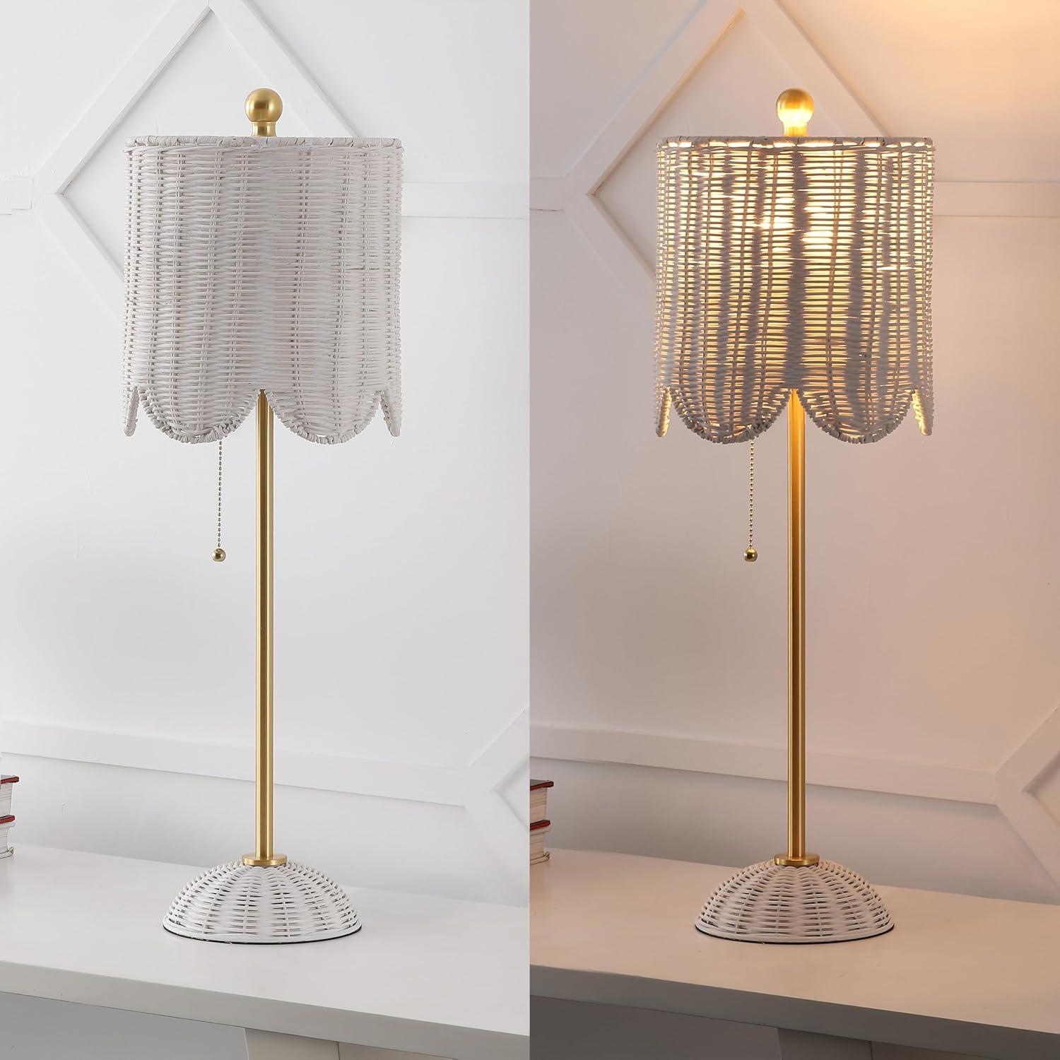 imageJONATHAN Y JYL1138BSET2 Celerie 275quot Coastal Bohemian RattanIron Scalloped Buffet LED Table Lamp with Pull Chain Bedroom Living Room Office Dining Room WhiteBrass Gold Set of 2WhiteBrass Gold