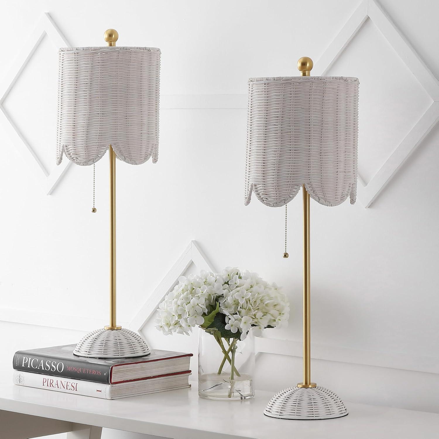 imageJONATHAN Y JYL1138BSET2 Celerie 275quot Coastal Bohemian RattanIron Scalloped Buffet LED Table Lamp with Pull Chain Bedroom Living Room Office Dining Room WhiteBrass Gold Set of 2WhiteBrass Gold