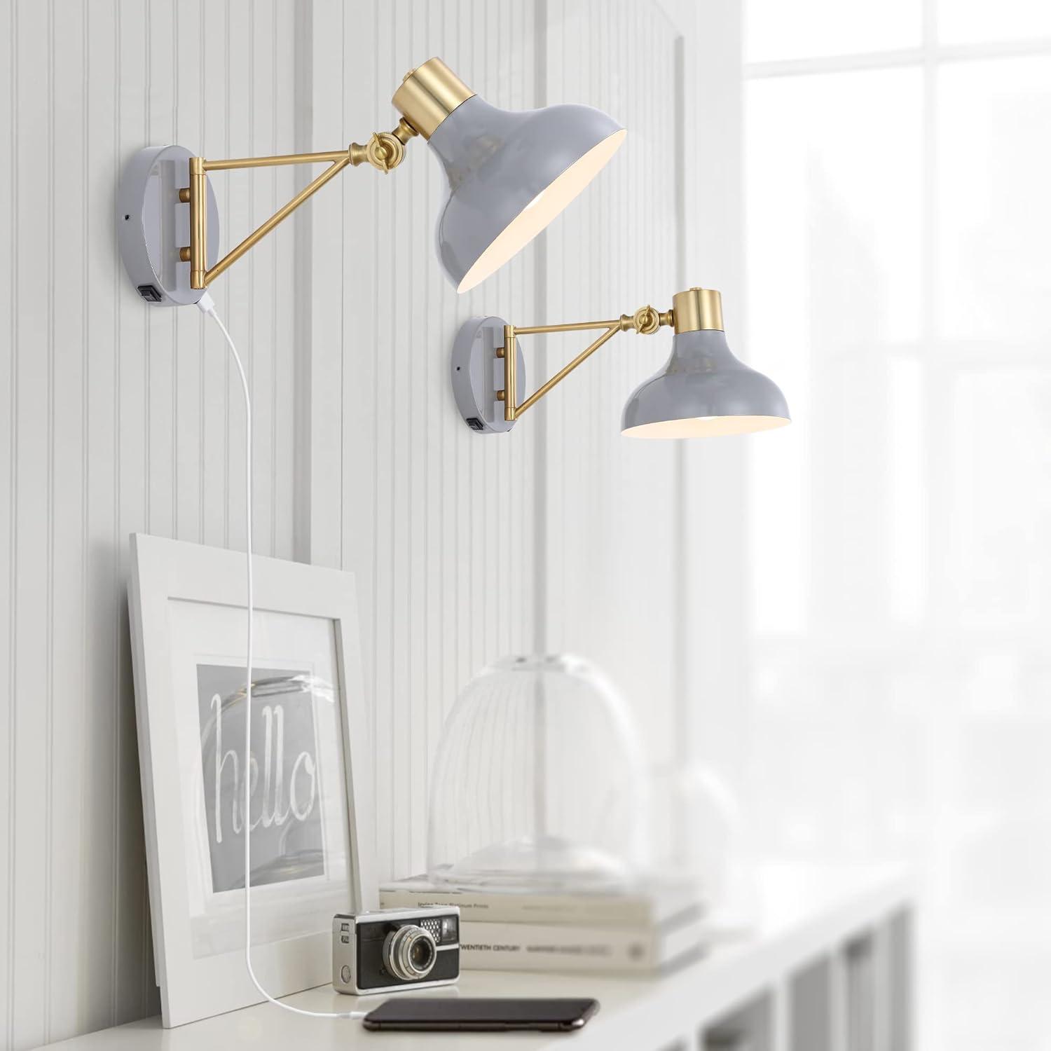imageJONATHAN Y JYL1300C Lynn 15quot Swing Arm 1Light Modern Midcentury Iron USB Charging Port LED Sconce Bathroom Bedroom Living Room Hallway GreyBrass Gold 80 inGreyBrass Gold