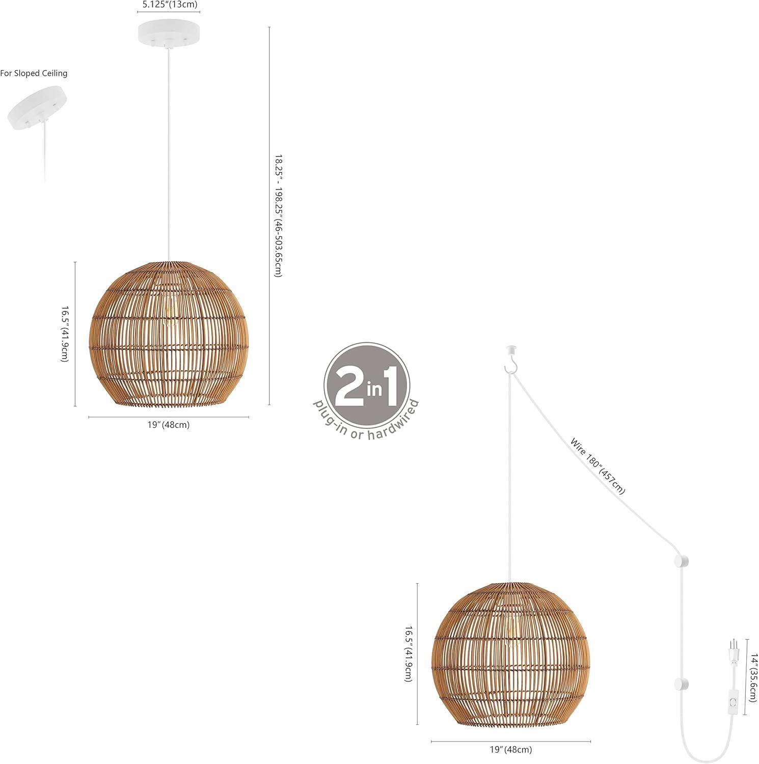 imageJONATHAN Y JYL1401A Koda 13quot 1Light Farmhouse Coastal Bohemian Rattan 180quot Cord Plugin or Hardwired LED Pendant Modern Dining Room Living Room Kitchen Island Foyer Bedroom Brown190 Dome