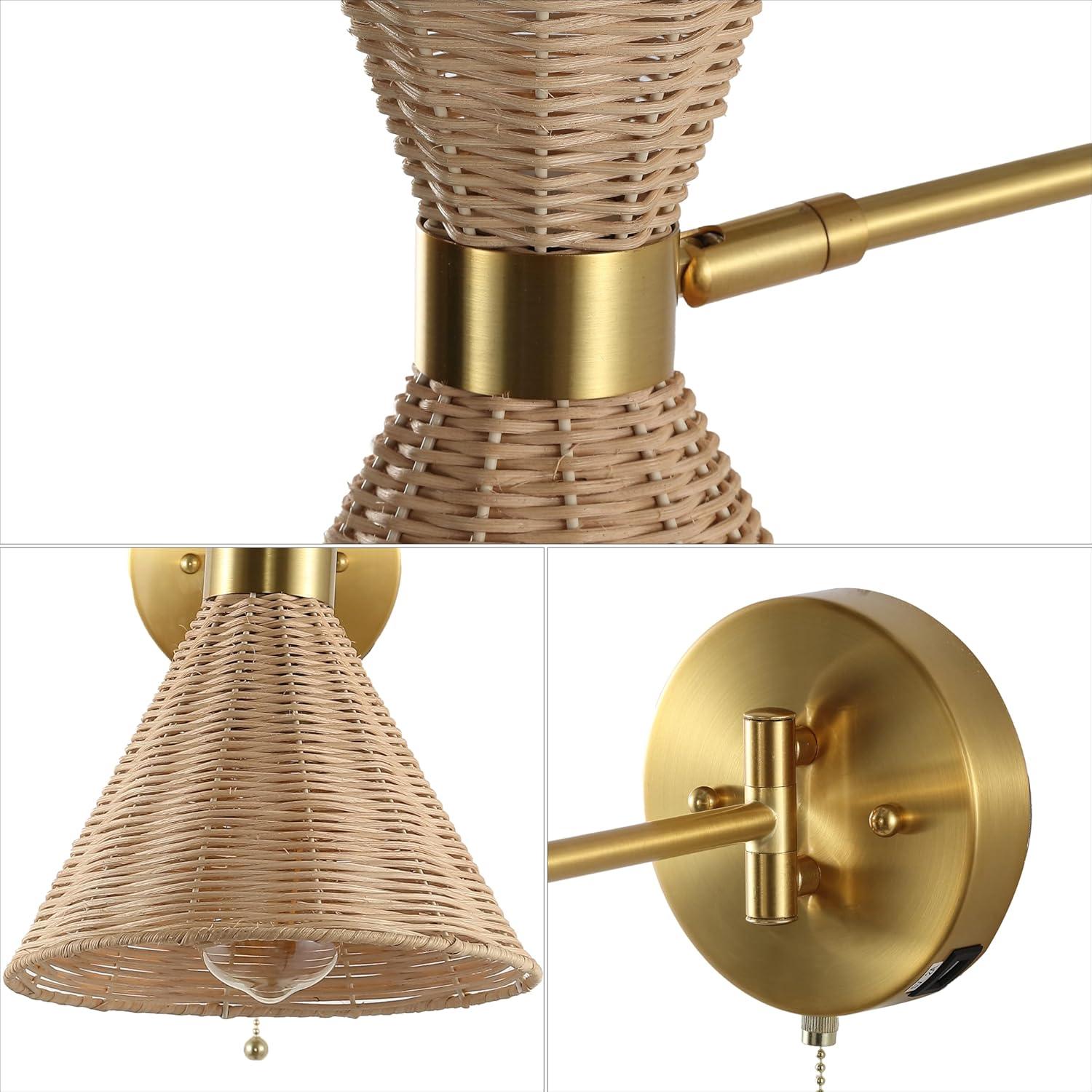 imageJONATHAN Y JYL1603A Lily 25quot 1Light MidCentury Vintage Retro RattanMetal USB Charging Swing Arm LED Sconce with Pull Chain for Bedroom Living Room Kitchen Office Light BrownBrass GoldLight BrownBrass Gold