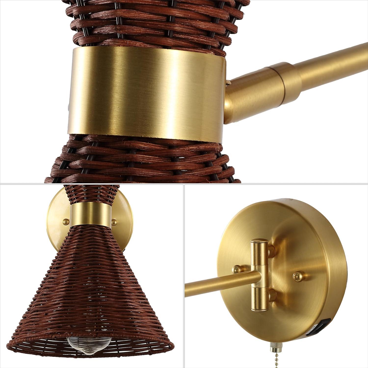 imageJONATHAN Y JYL1603A Lily 25quot 1Light MidCentury Vintage Retro RattanMetal USB Charging Swing Arm LED Sconce with Pull Chain for Bedroom Living Room Kitchen Office Light BrownBrass GoldDark BrownBrass Gold