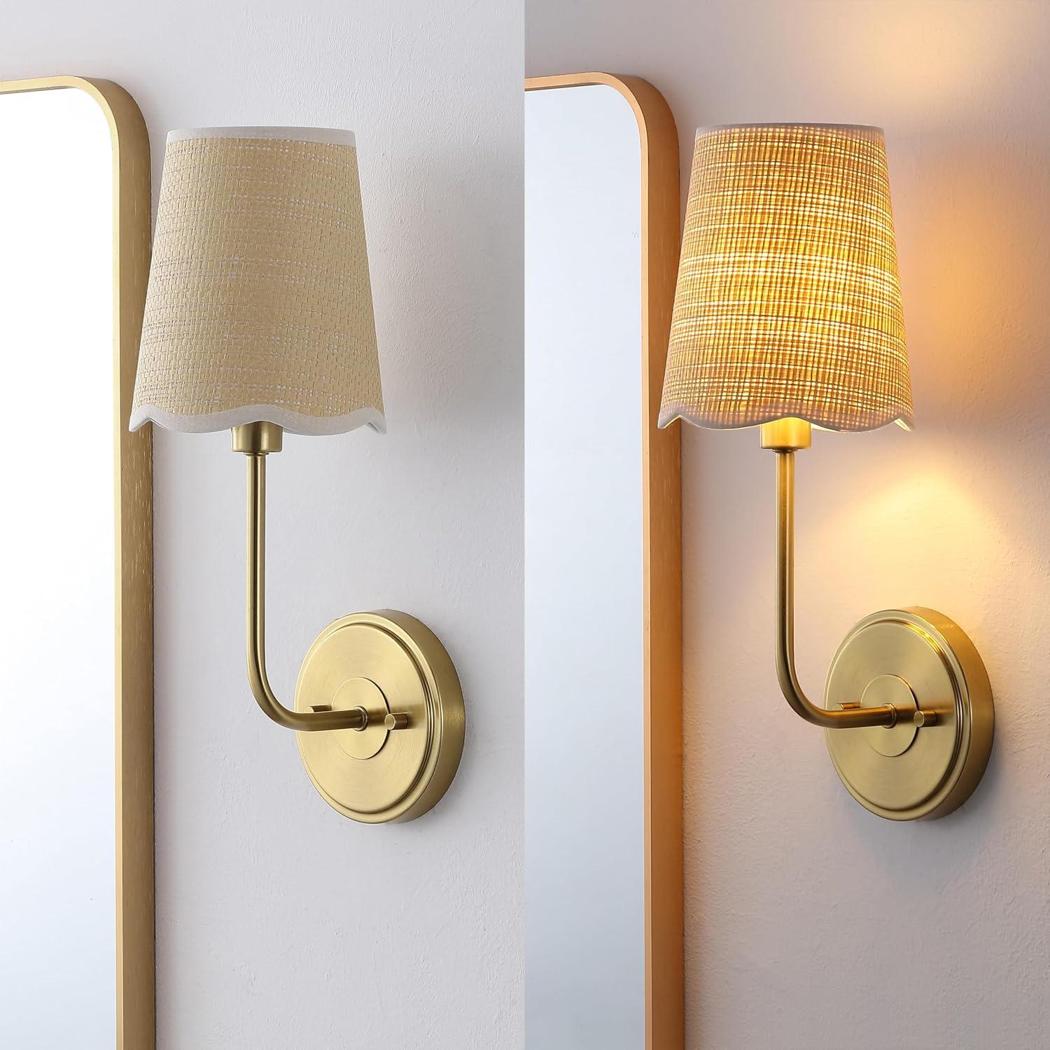 imageJONATHAN Y JYL1610A Lila 365quot 4Light Traditional Coastal Scalloped Fabric ShadeMetal LED Vanity Light for Bathroom Powder Room Dressing Room Bedroom Brass GoldBrown1 Bulb