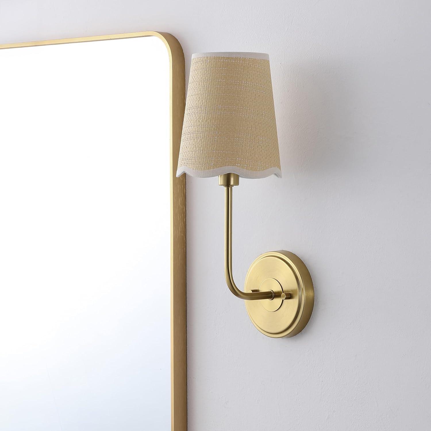 imageJONATHAN Y JYL1610A Lila 365quot 4Light Traditional Coastal Scalloped Fabric ShadeMetal LED Vanity Light for Bathroom Powder Room Dressing Room Bedroom Brass GoldBrown1 Bulb