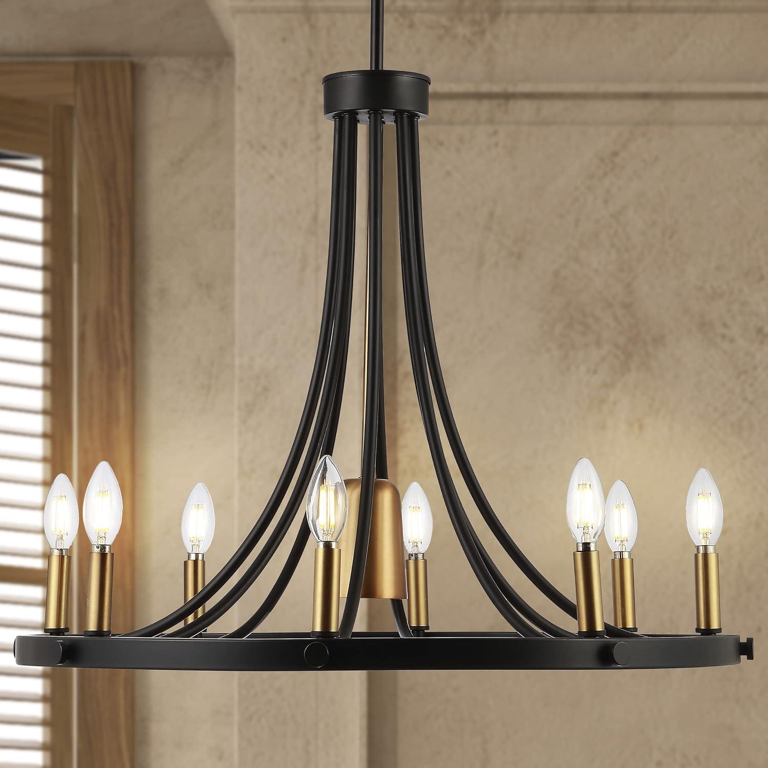 imageJONATHAN Y JYL2506A Dante 30quot 11Light Transitional Modern Iron Adjustable Wagon Wheel LED Chandelier with Downlight BlackBrass Gold for Bedroom Living Room Kitchen Home Office Kids Room9Light