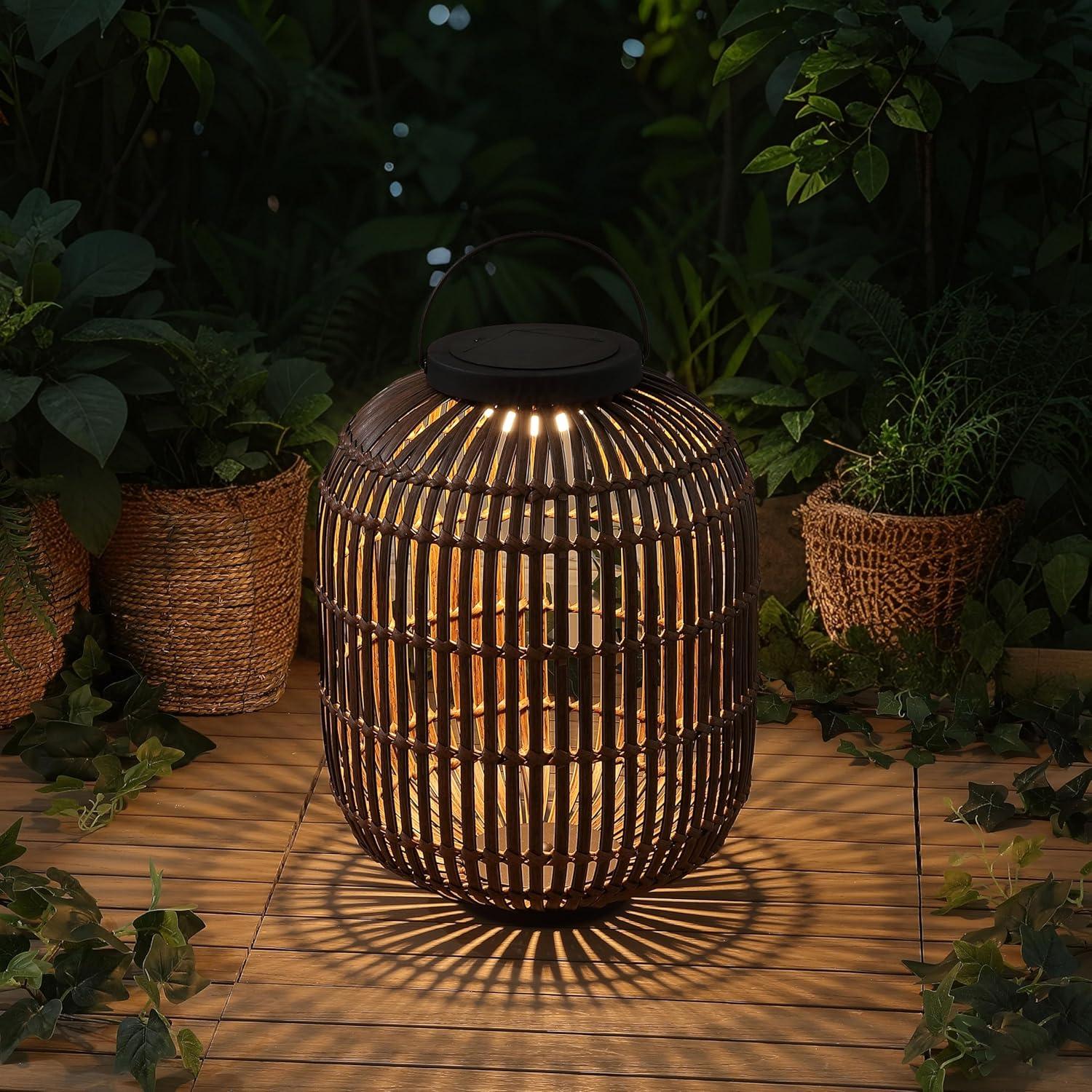 imageJONATHAN Y JYL2600A Nara 205quot Modern Global Faux Rattan Integrated IndoorOutdoor LED Solar Powered Lantern Coastal Bohemian Transitional Rustic Patio Porch Backyard Dark BrownBlackDark BrownBlack