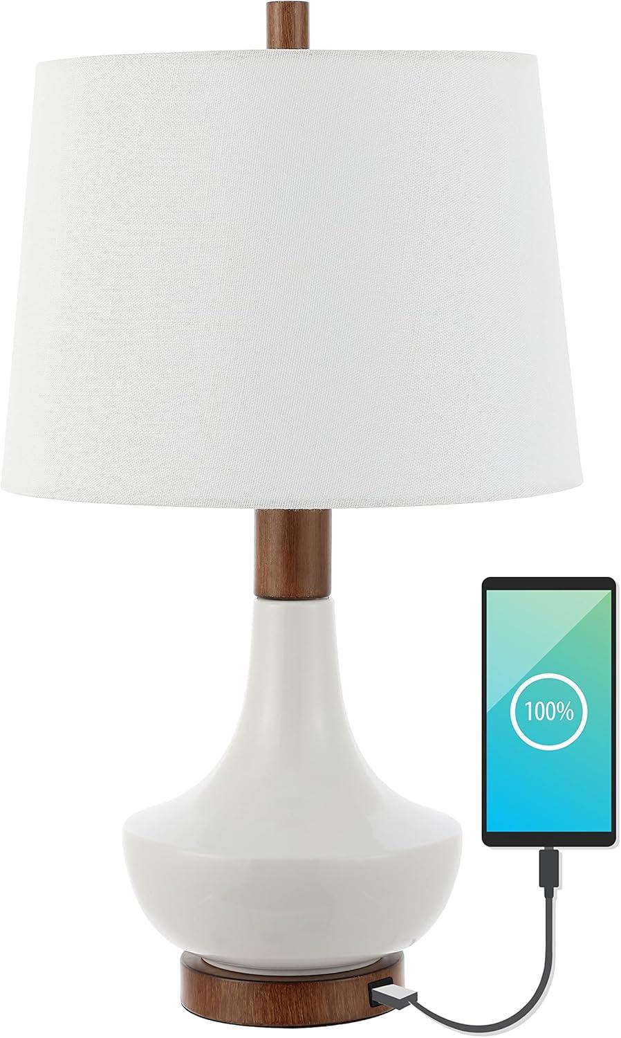 imageJONATHAN Y JYL4047A Finn 23quot Vintage Minimalist IronCeramic LED Mini Table Lamp with USB Charging Port Modern Coastal Bedside Desk Nightstand Lamp Wood FinishedWhite