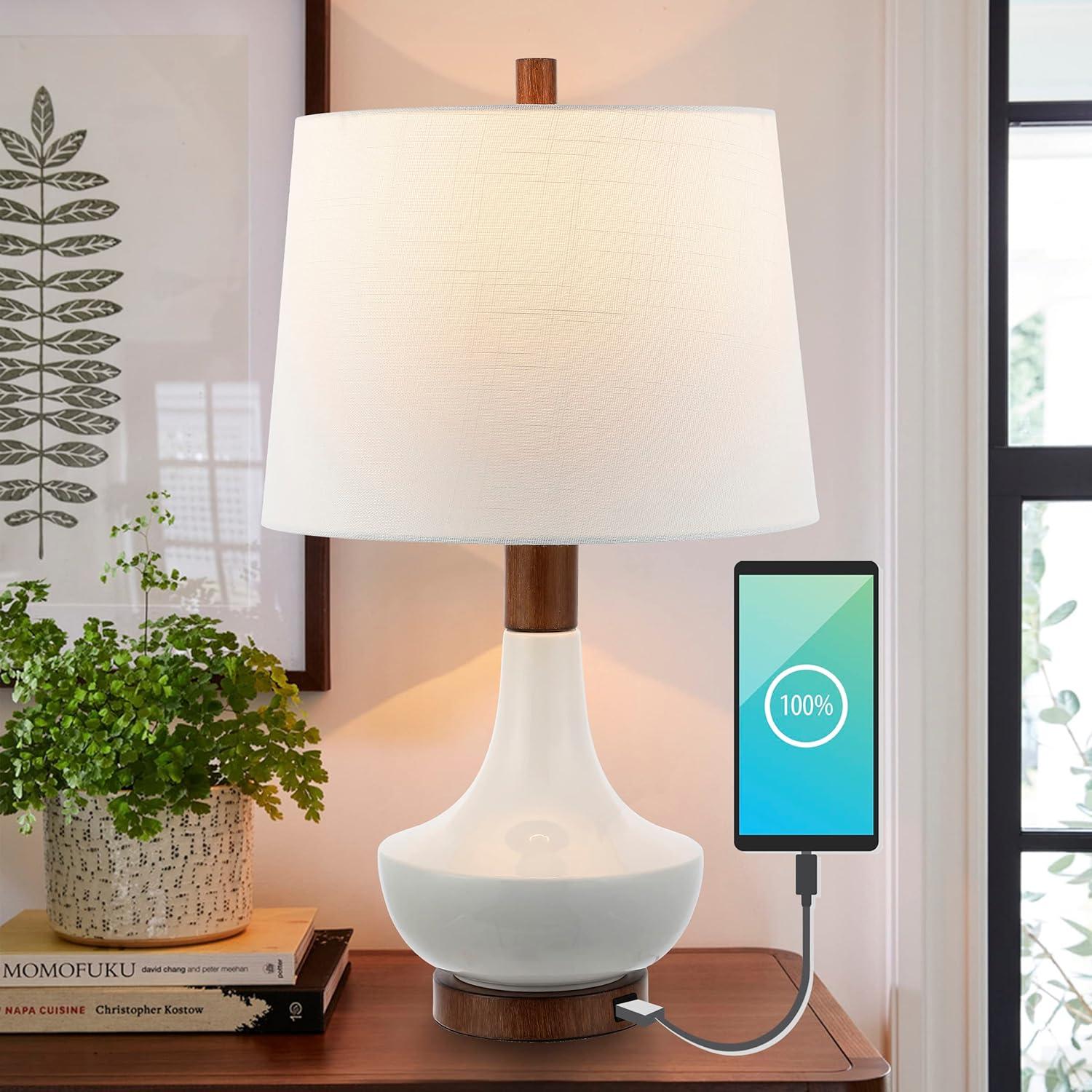 imageJONATHAN Y JYL4047A Finn 23quot Vintage Minimalist IronCeramic LED Mini Table Lamp with USB Charging Port Modern Coastal Bedside Desk Nightstand Lamp Wood FinishedWhite