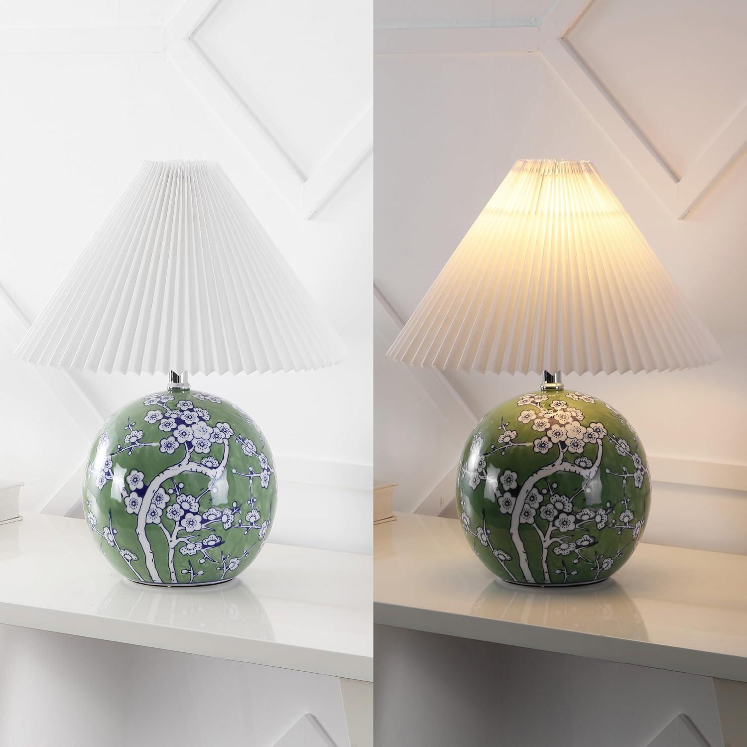 imageJONATHAN Y JYL5056A Shishen 195quot Cottage Classic Chinoiserie Ceramic Orb LED Table Lamp with Pleated Shade GreenWhite for Bedroom Living Room Kitchen Home Office Kids RoomGreenWhite