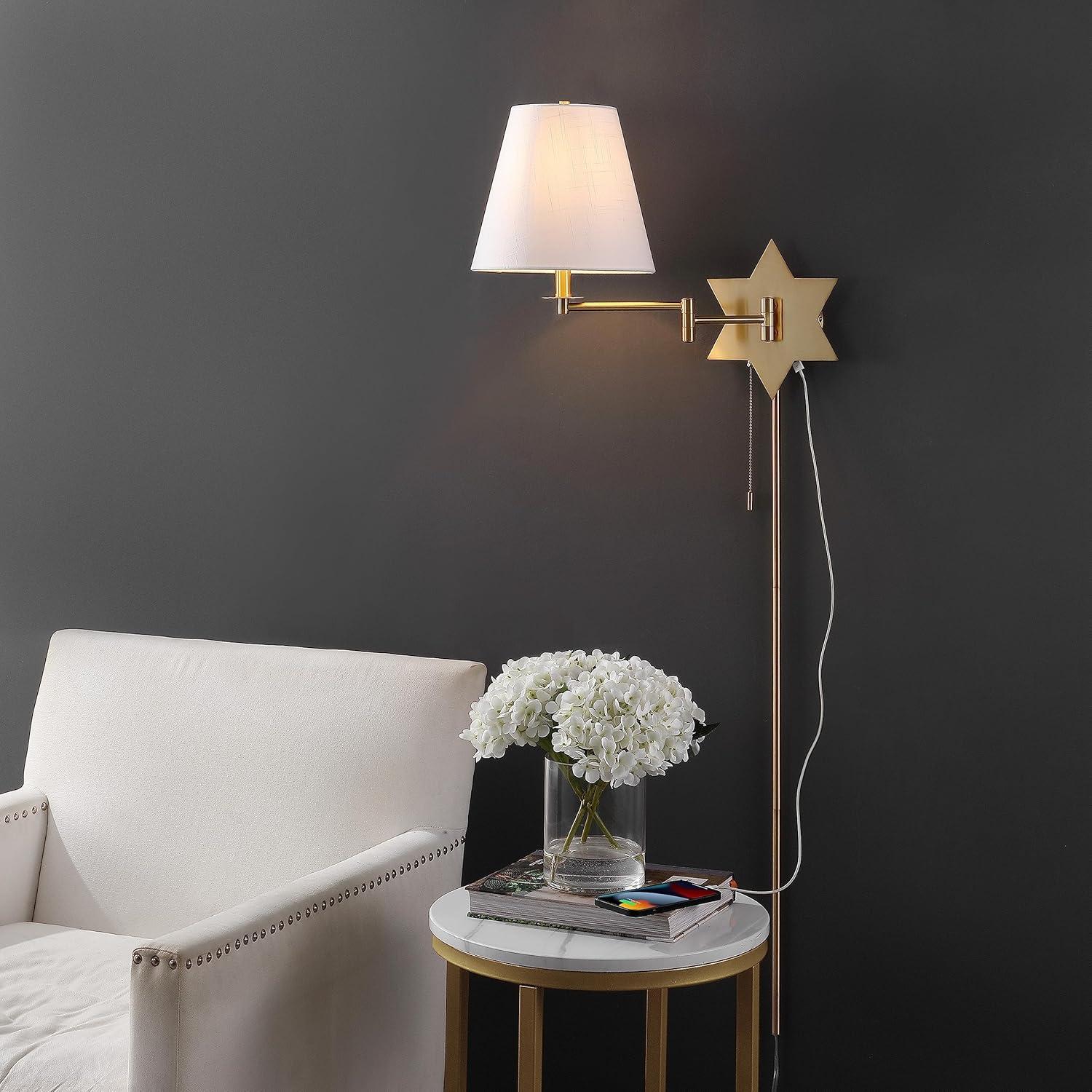 imageJONATHAN Y JYL6014B David 185quot 1Light Modern French Country Swing Arm Plugin or Hardwired Iron LED Star Wall Sconce with PullChain and USB Charging Port Brass GoldBrass Gold