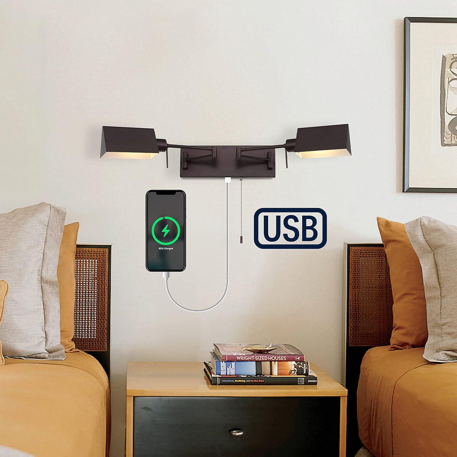 imageJONATHAN Y JYL6015A Arlo 22quot 1Light Single Swing Arm PluginHardwired Iron LED Wall Sconce PullChain USB Charging Port Traditional Farmhouse Modern for Bedroom Living Room Oil Rubbed BronzeOilRubbed Bronze