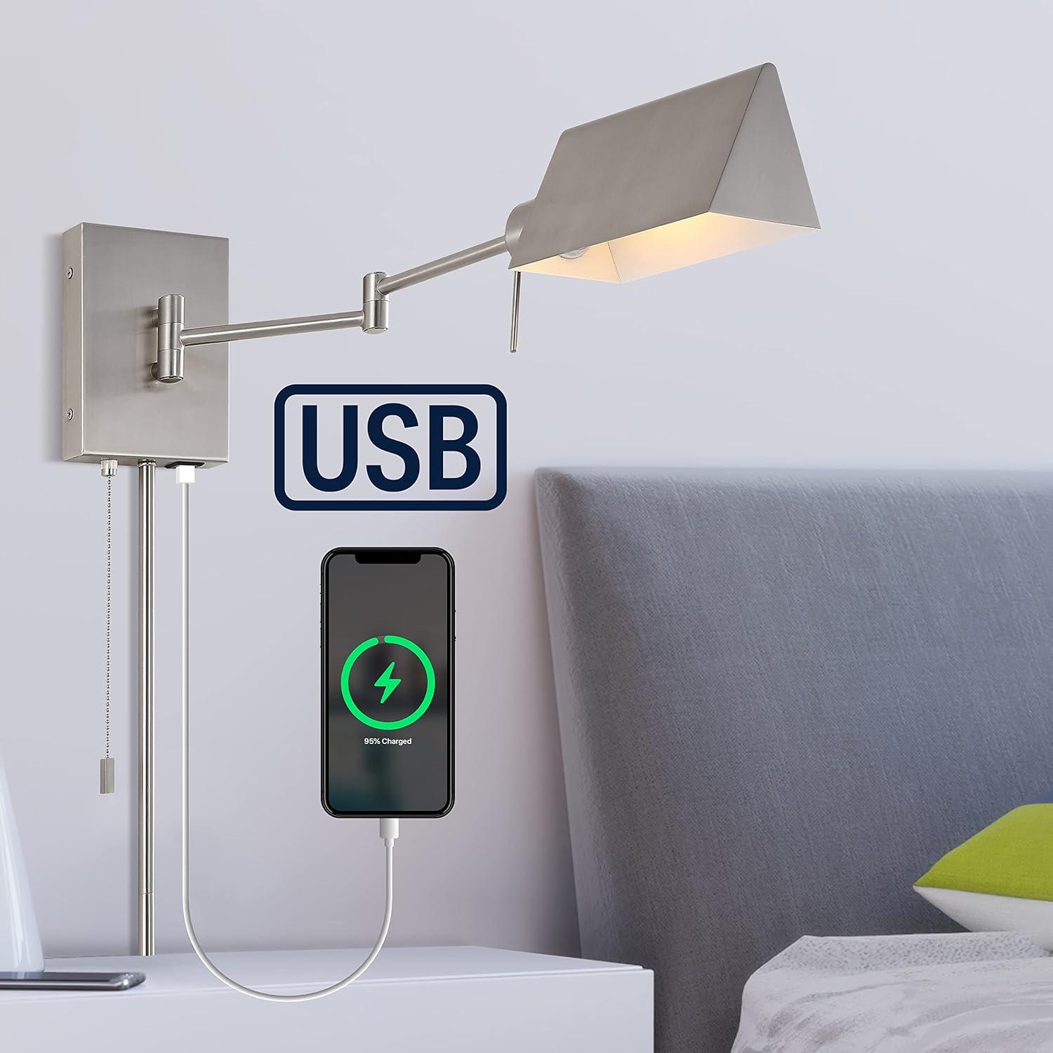 imageJONATHAN Y JYL6015A Arlo 22quot 1Light Single Swing Arm PluginHardwired Iron LED Wall Sconce PullChain USB Charging Port Traditional Farmhouse Modern for Bedroom Living Room Oil Rubbed BronzeNickel